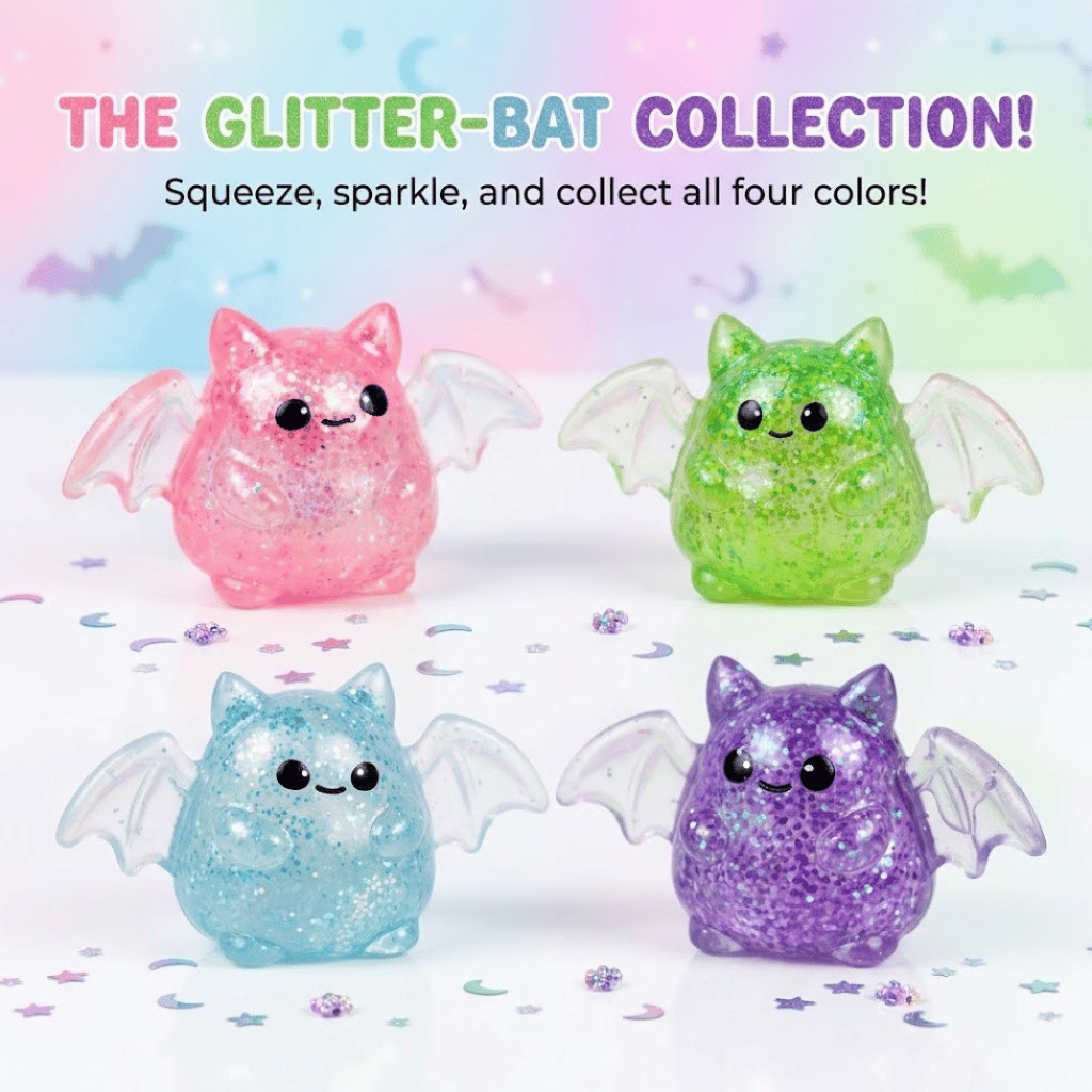 Four glitter bat squishy toys in pink, green, blue, and purple with clear sparkle wings