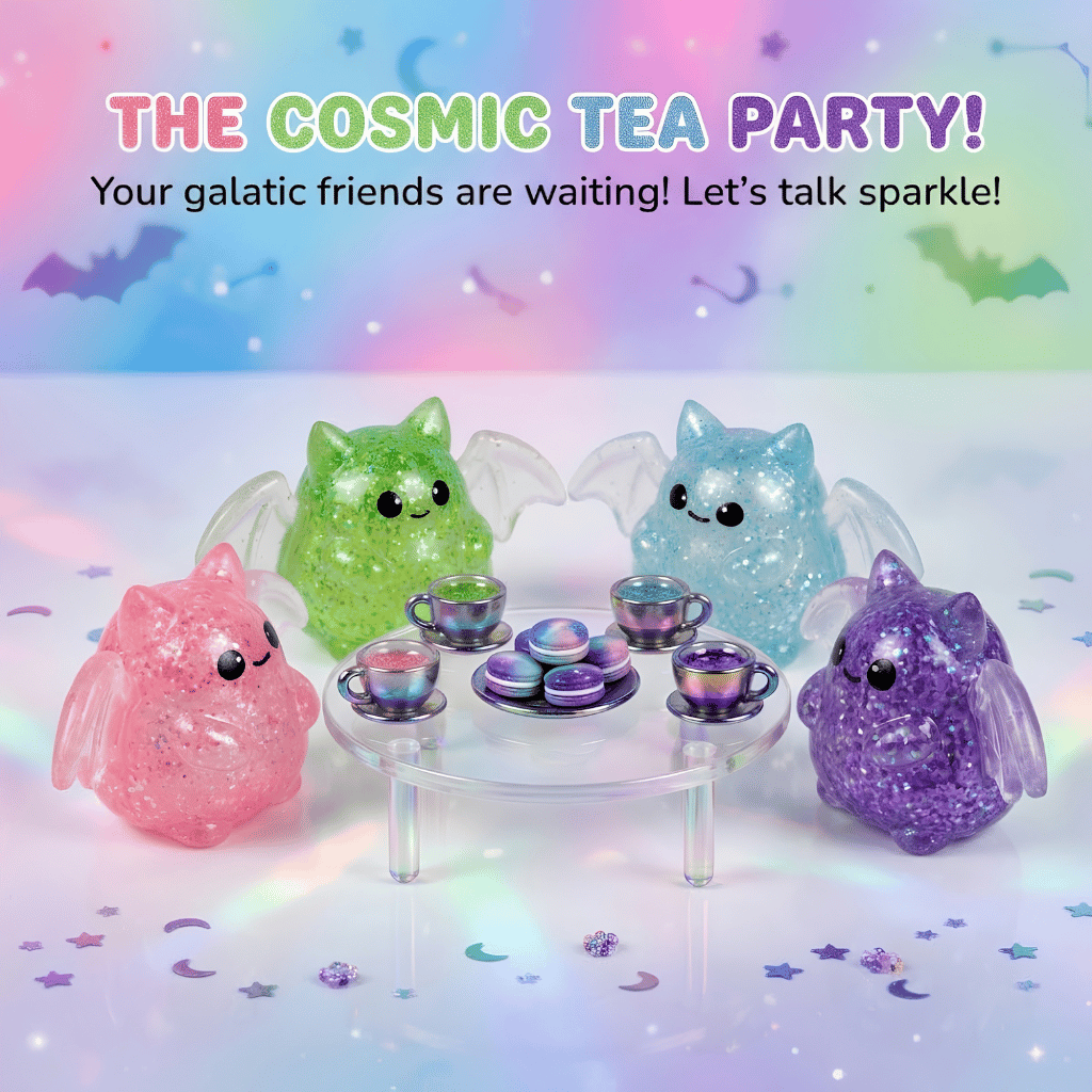 Glitter bat squishy toys gathered around a mini tea party table with macarons