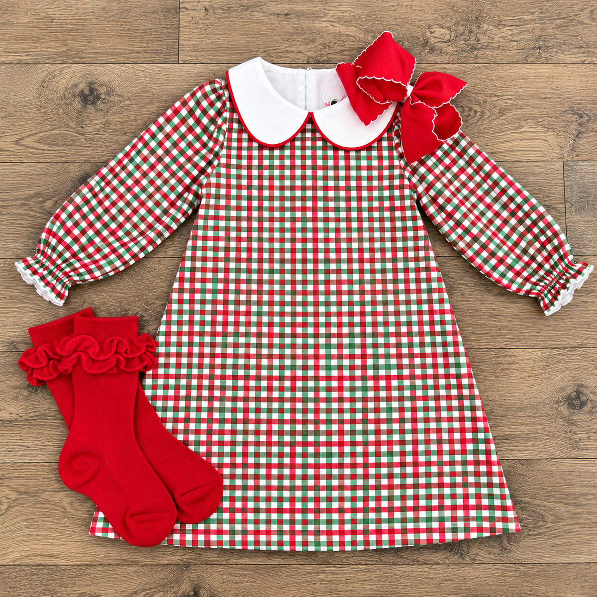 Girls Christmas Plaid Peter Pan Dress – Holiday plaid dress set flat lay