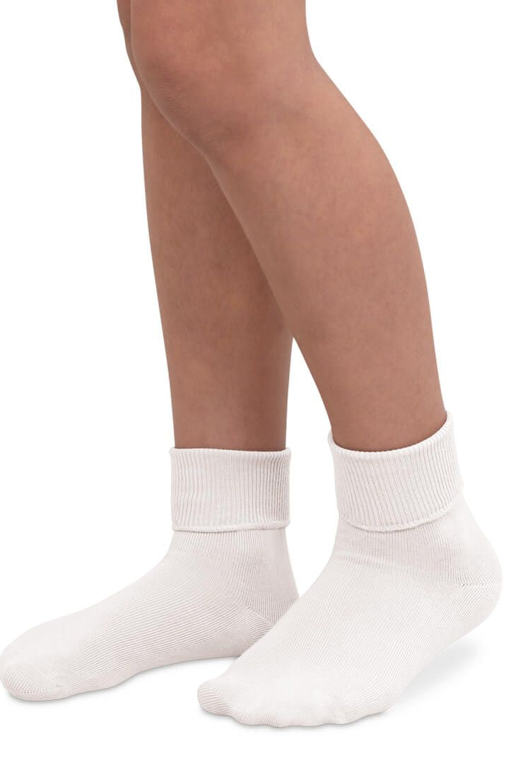 A pair of white crew socks with a fold-over cuff, showing the smooth toe construction.
