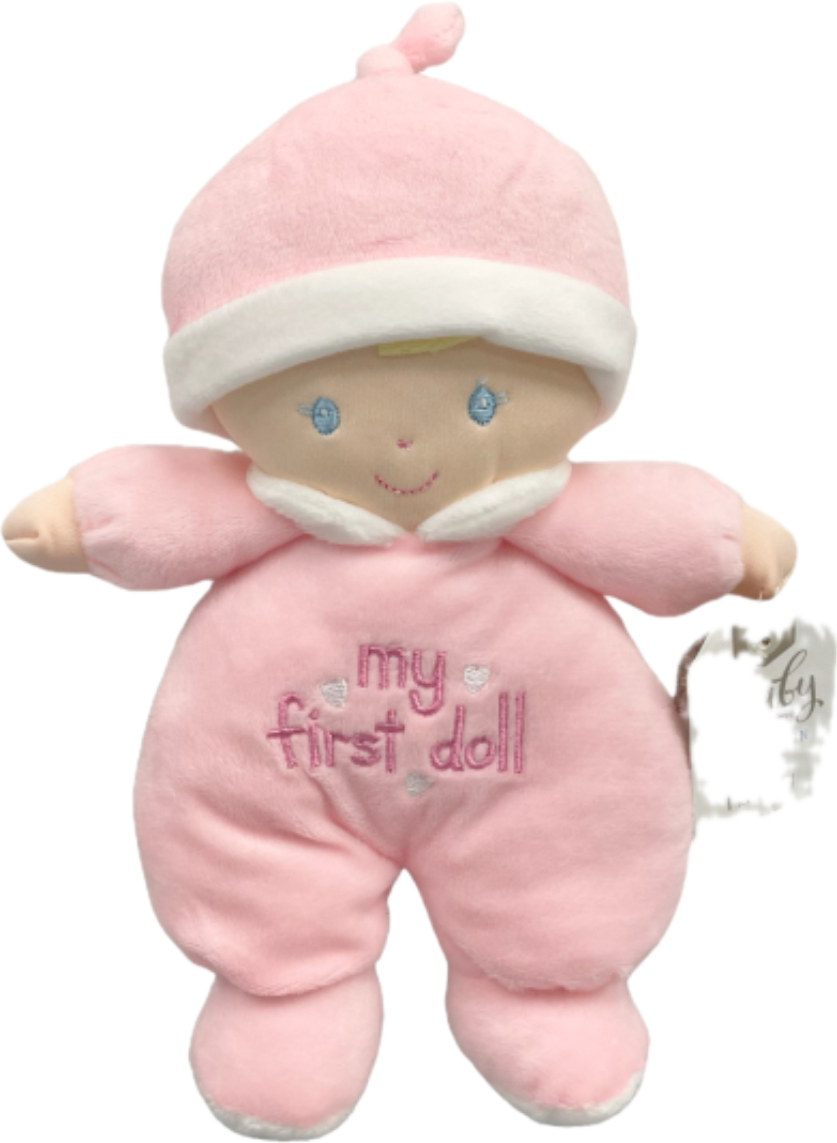 Pink plush baby doll with 'my first doll' text on a white background