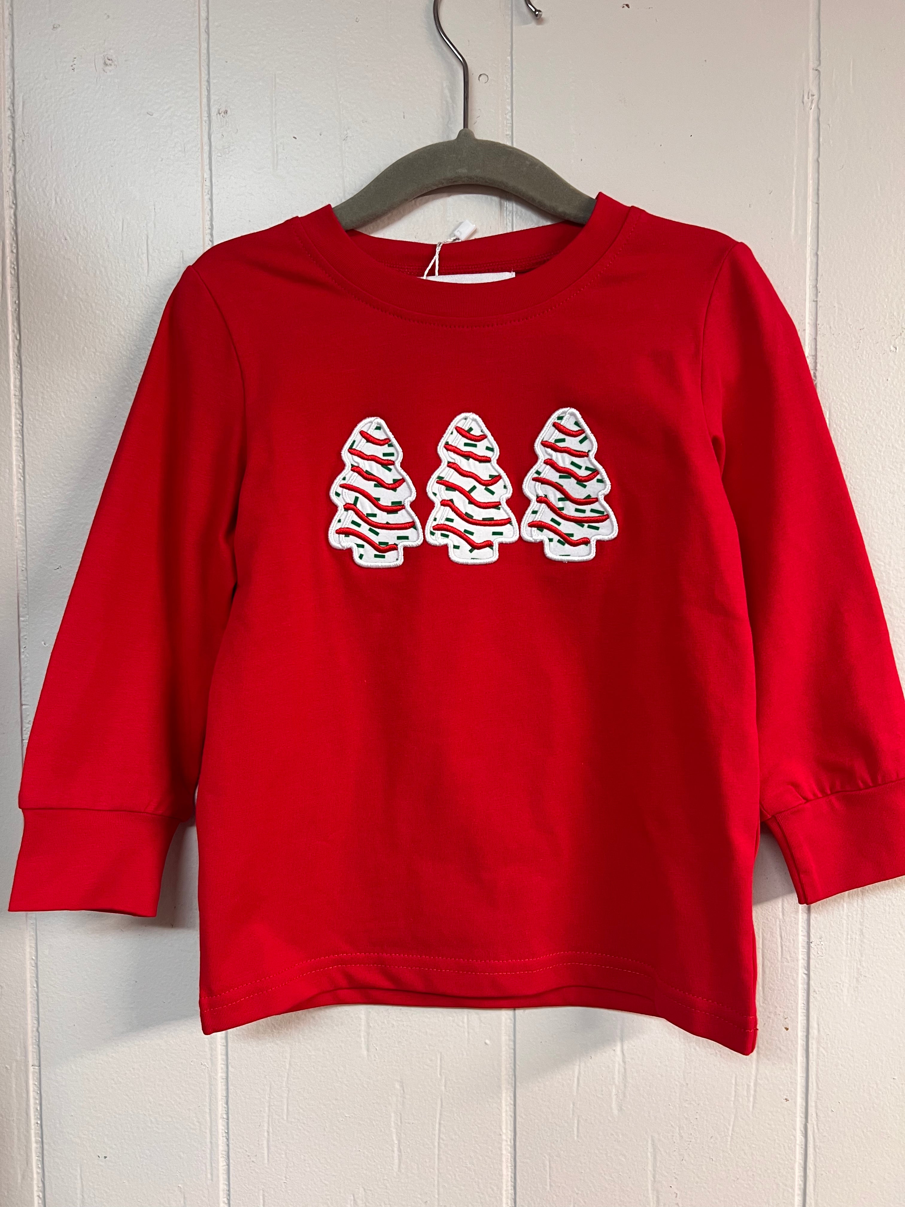 Red long-sleeve boys’ shirt with three white Christmas tree appliqués accented in red and green.