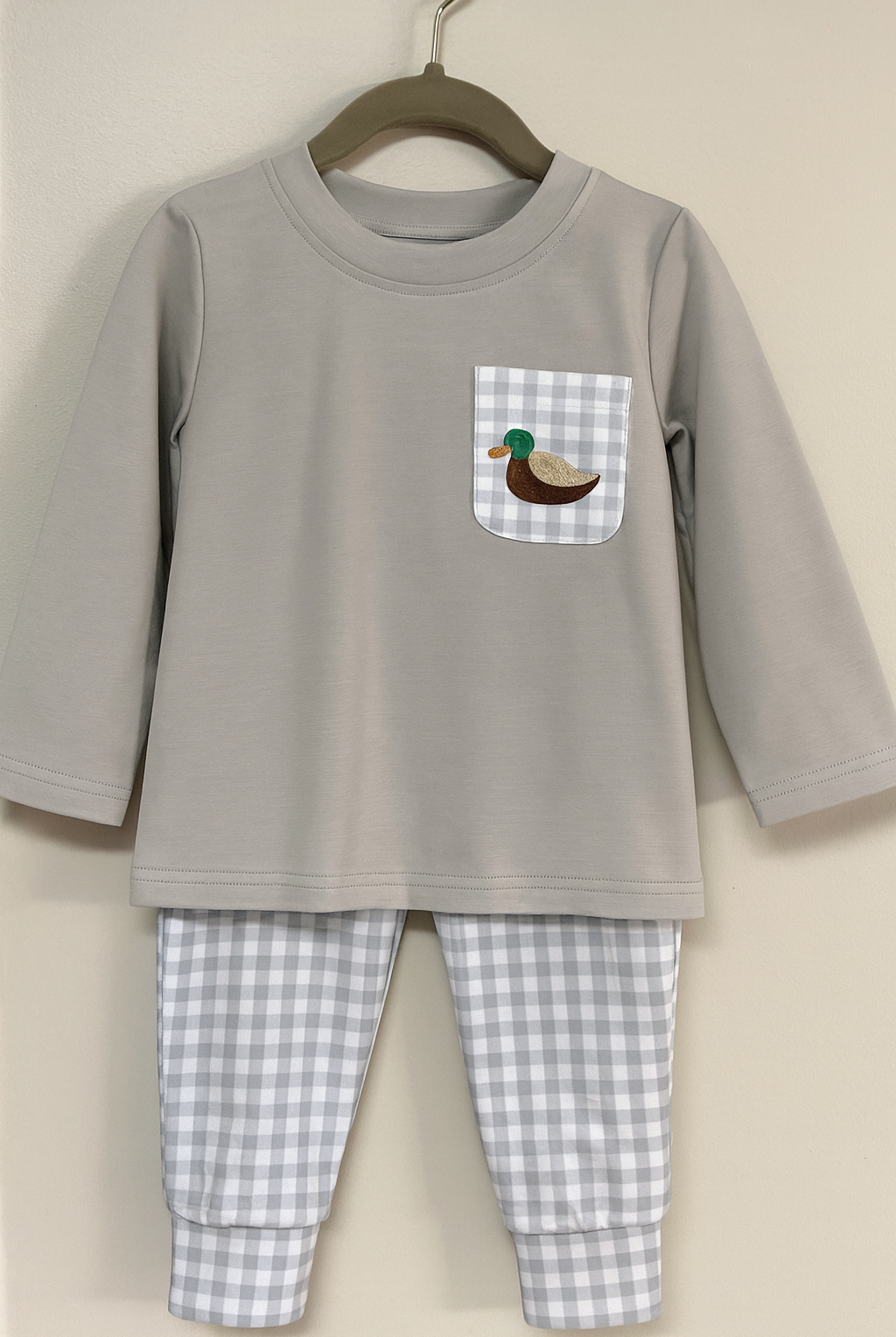 Boys Duck Dynasty Jogger Set with mallard embroidered pocket tee and gray gingham joggers, Southern Belle & Beaus boutique.