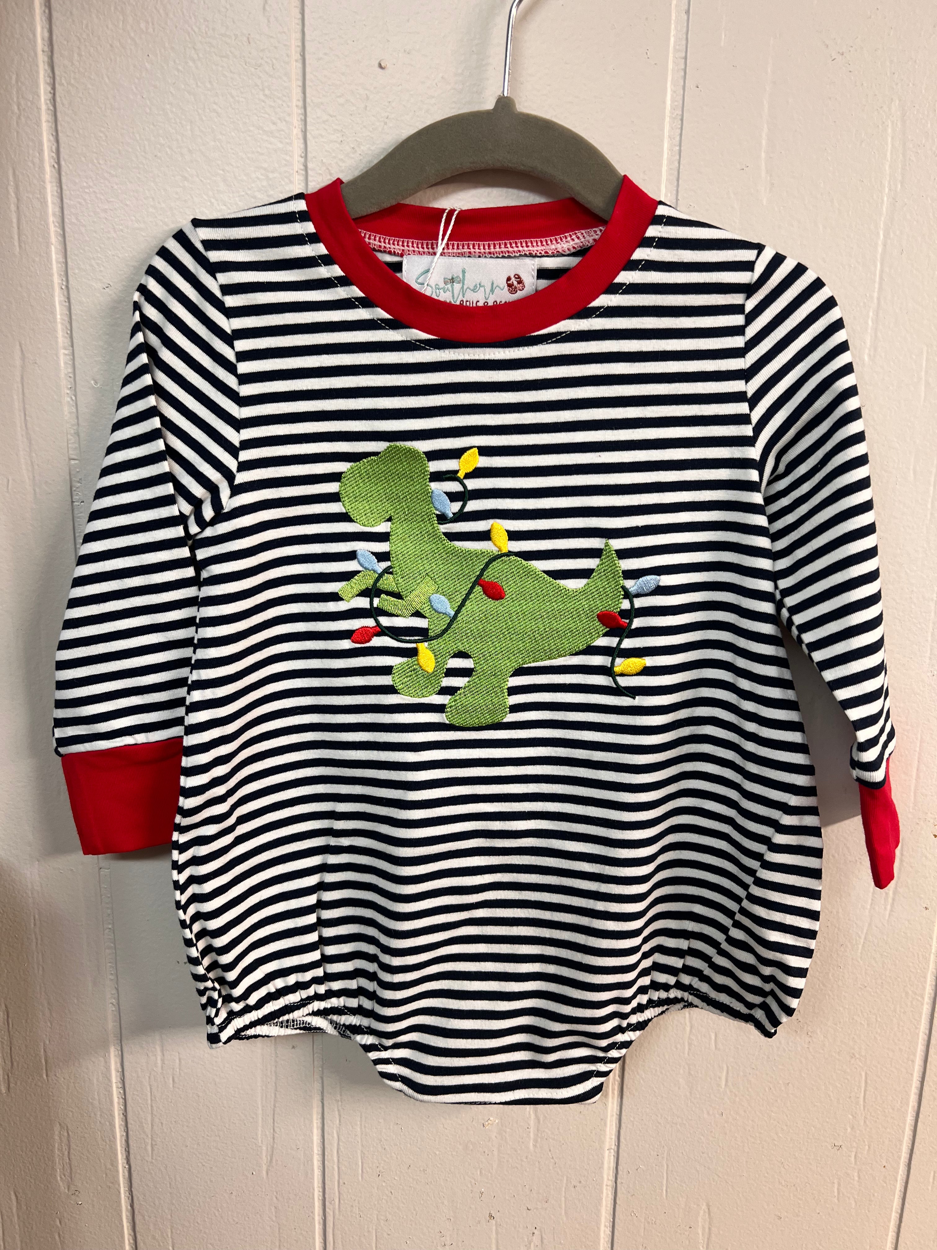 Baby boy Twas the Night Before T-Rex Bubble with striped fabric and embroidered dino wrapped in Christmas lights, Southern Belle & Beaus boutique.