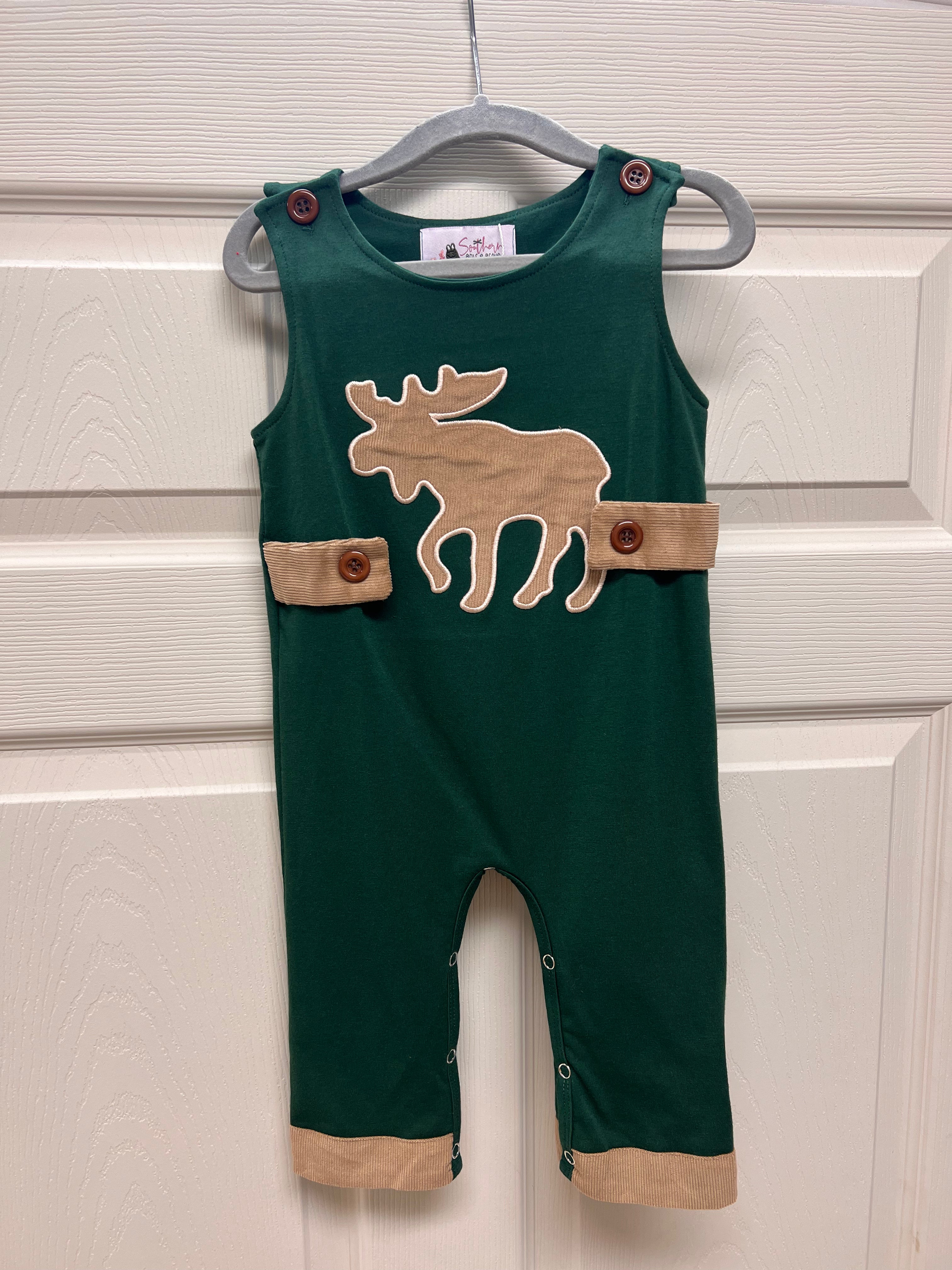 Forest green baby boy longall with tan corduroy moose appliqué and wooden buttons – Moose Tracks Longall