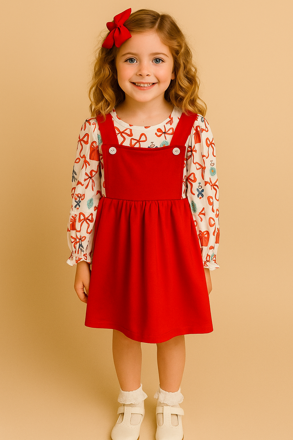 Little girl wearing red vintage Christmas pinafore and peppermint bow print top, smiling in holiday outfit