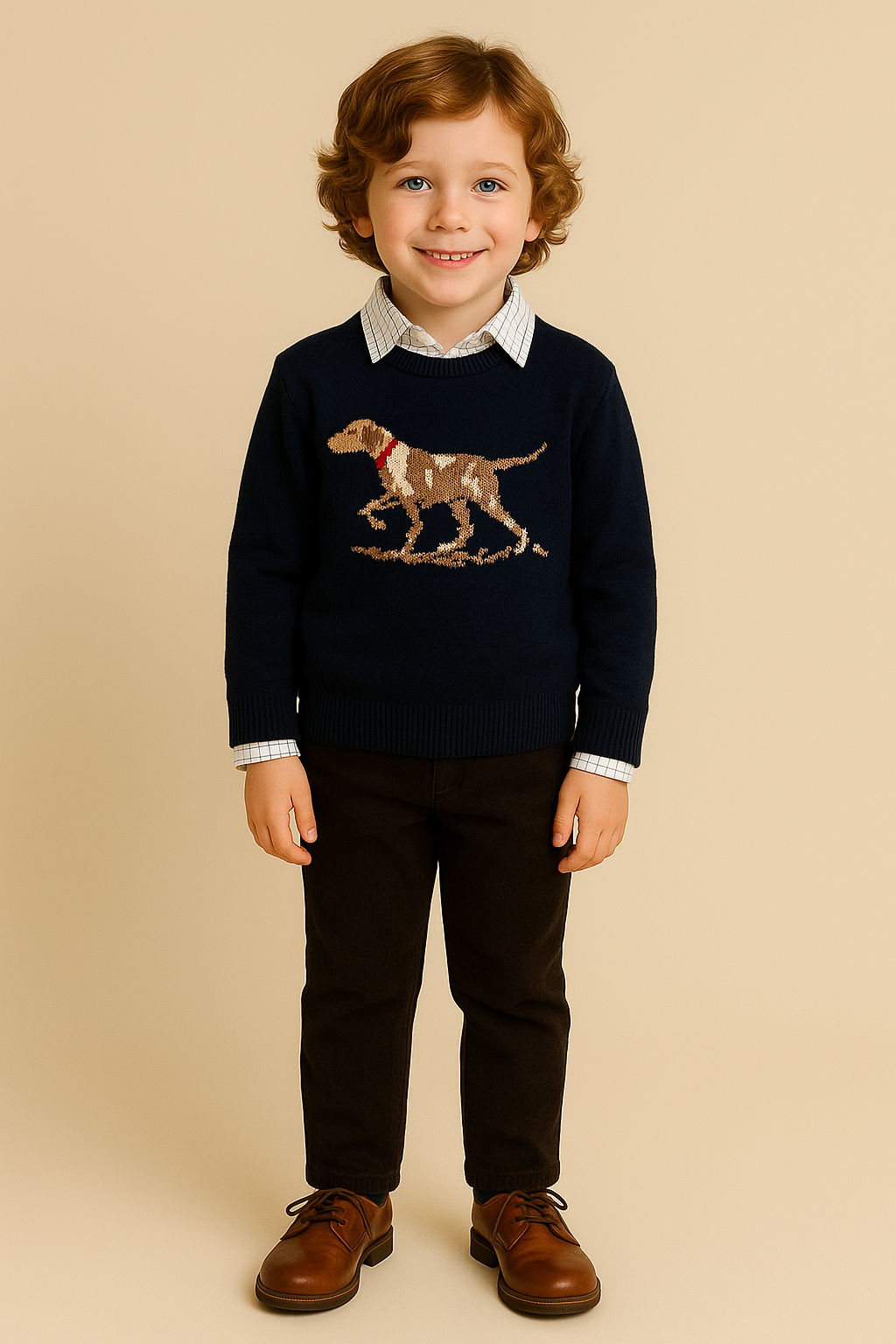 Boys navy pointer dog sweater with plaid collar and matching pants, Southern holiday outfit