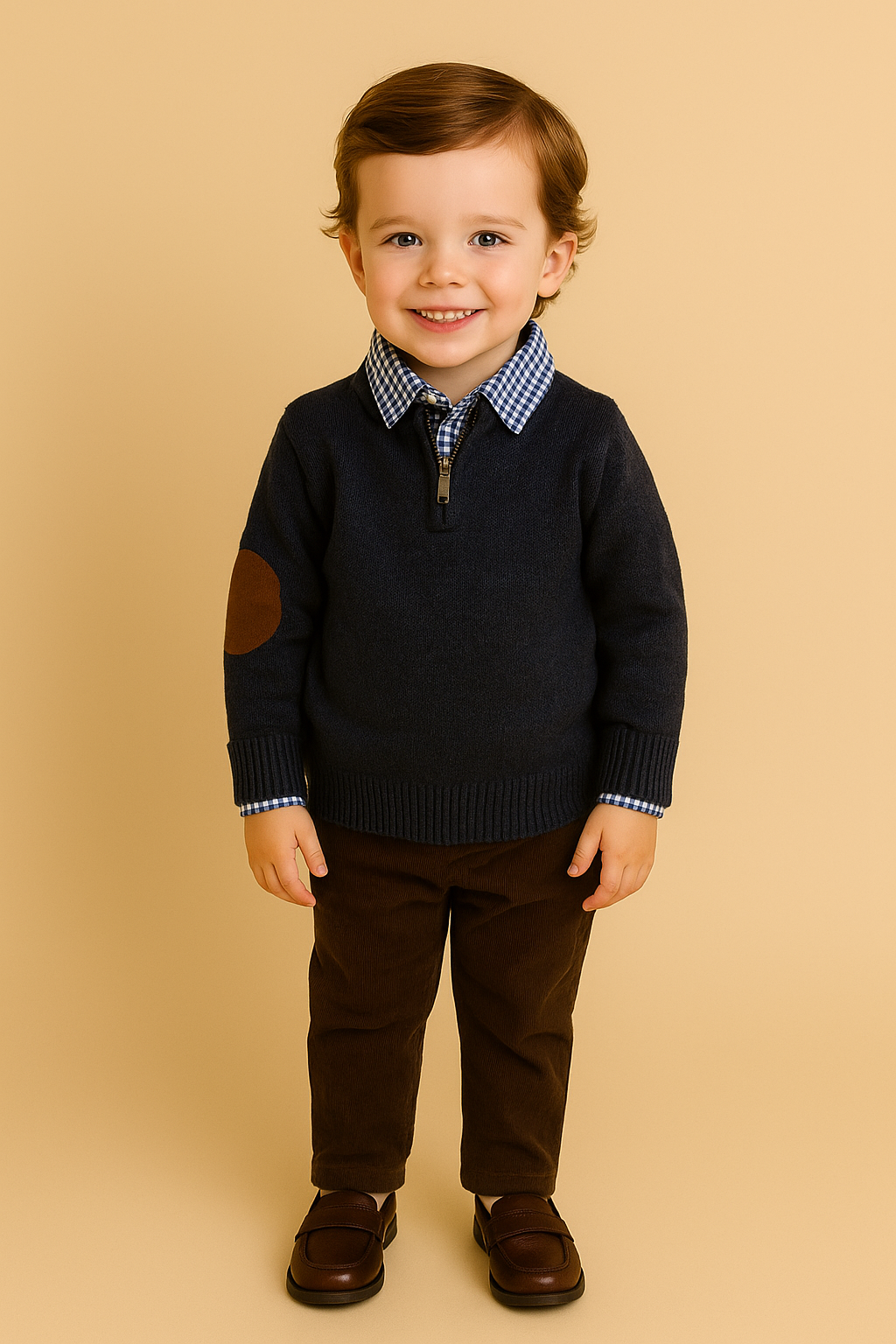 Toddler boy wearing navy quarter-zip sweater with gingham collar, elbow patches, brown corduroy pants and brown shoes