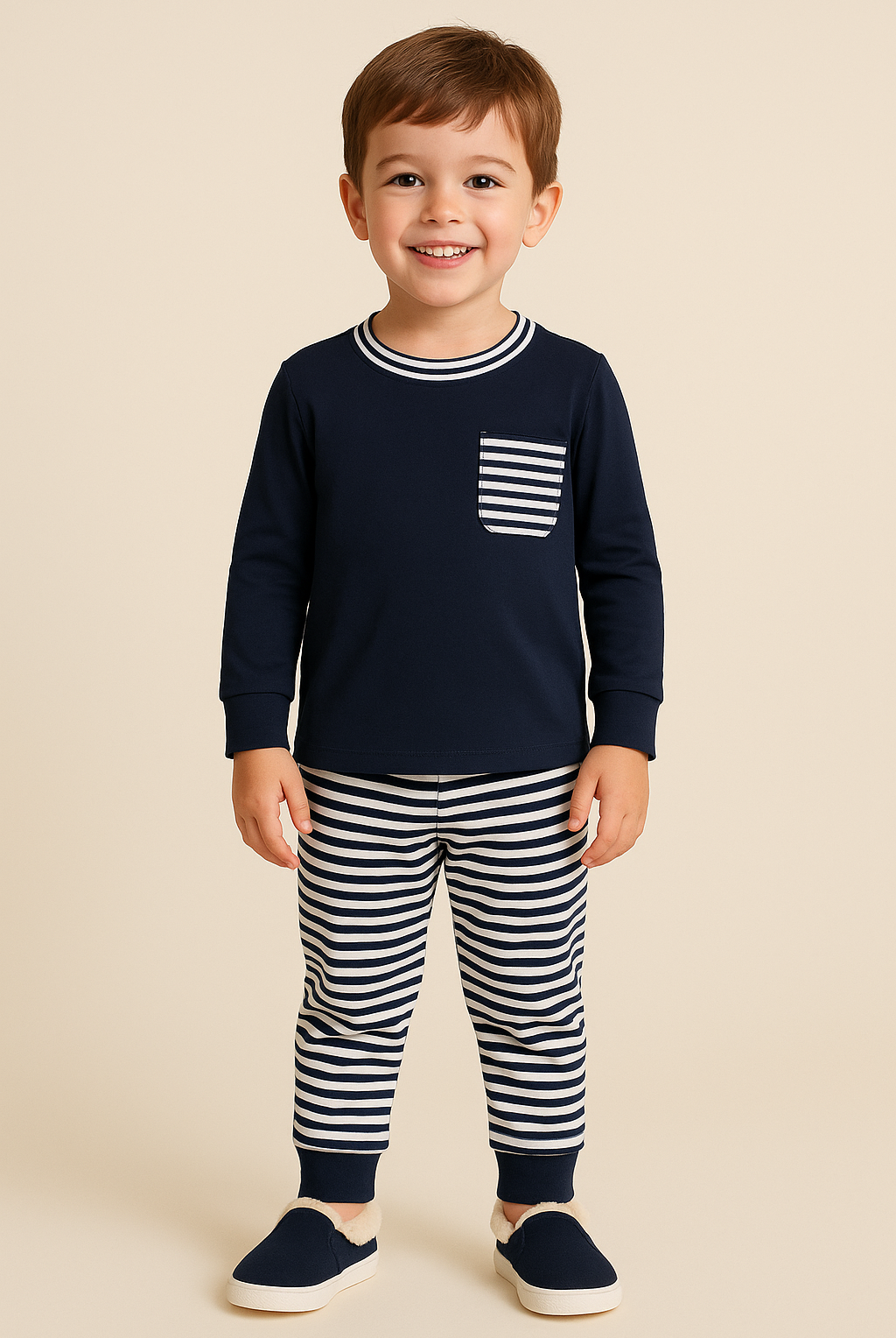 Child wearing a navy long-sleeve shirt with a striped pocket and black and white striped pants on a beige background.