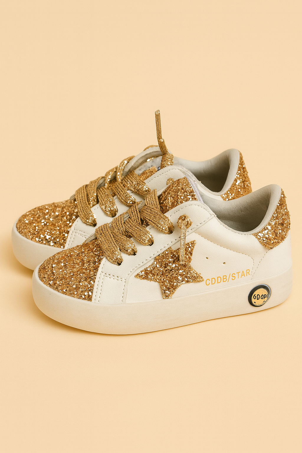 White sneakers with gold glittery details and a star design on a beige background