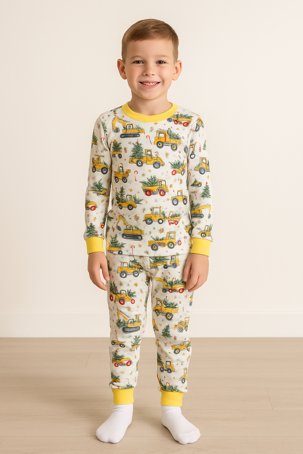 Child wearing pajamas with construction vehicle pattern on a beige background