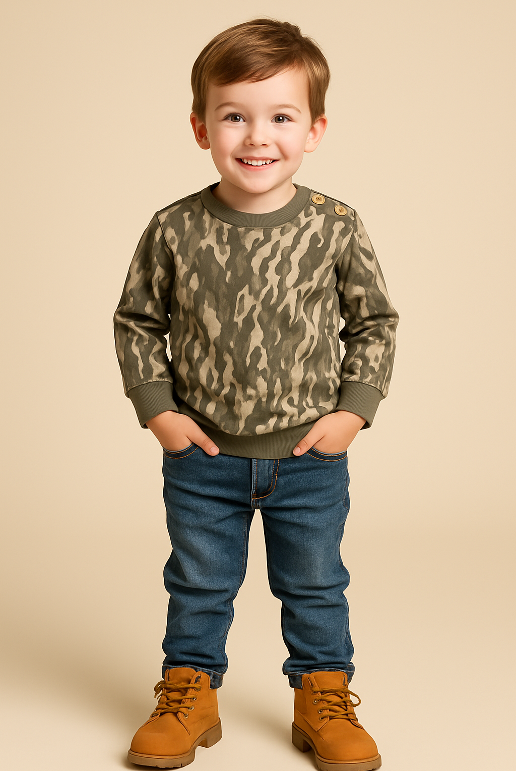 Child wearing a camouflage sweater and blue jeans with brown boots on a beige background