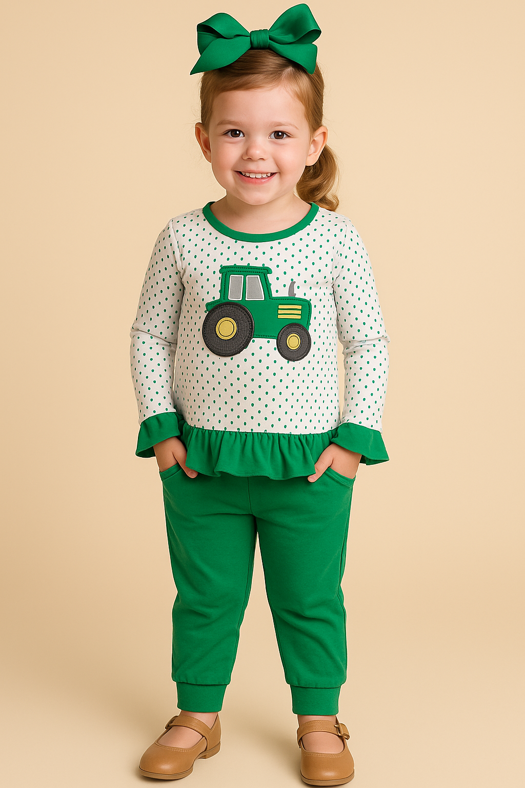 Child wearing a green and white outfit with a tractor design on a beige background