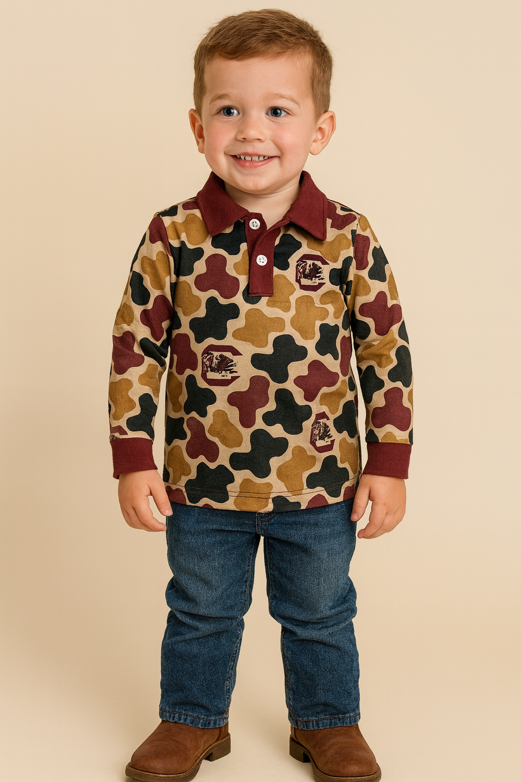 Child wearing a patterned shirt and jeans on a beige background