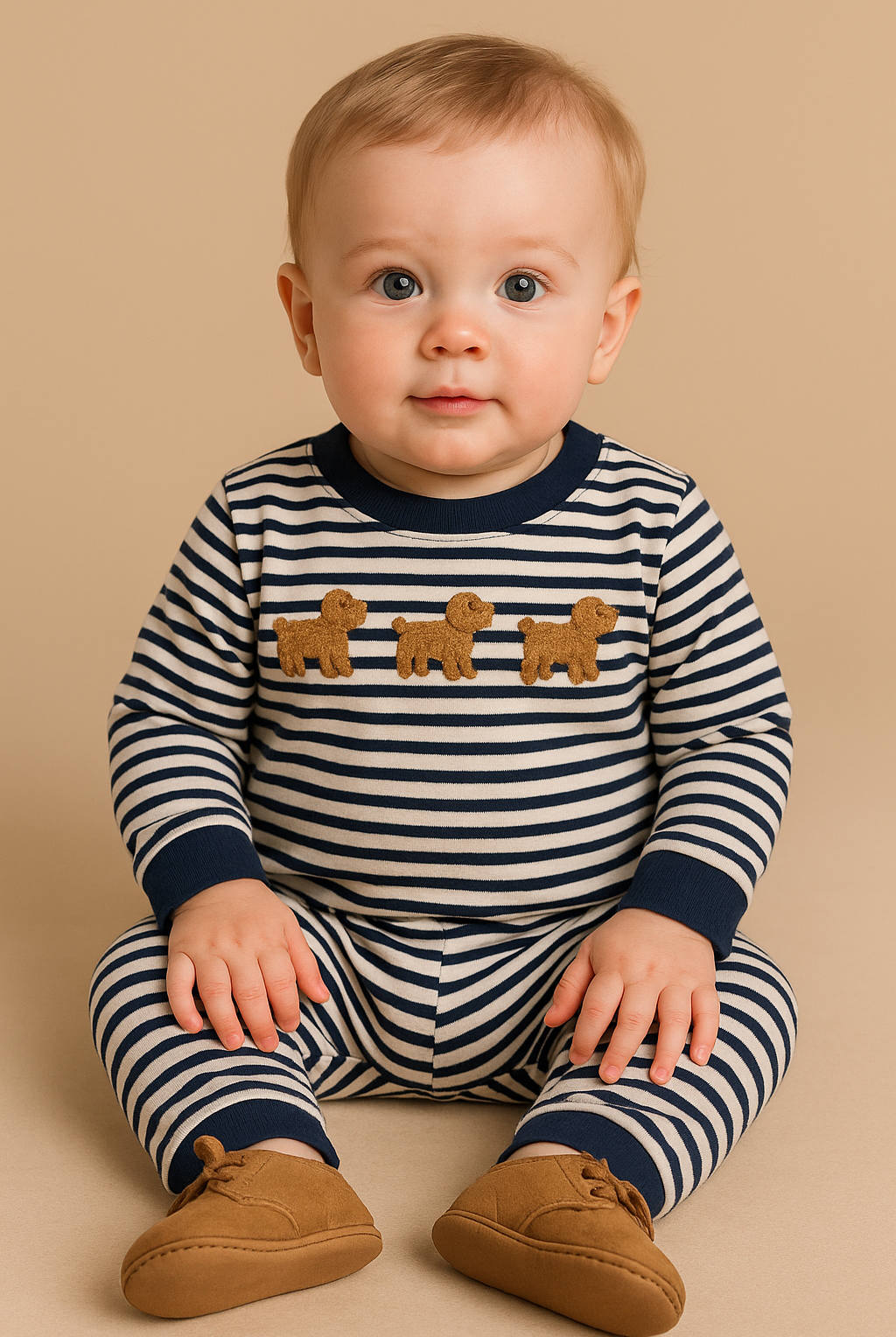 Baby wearing a striped outfit with lion designs on a beige background
