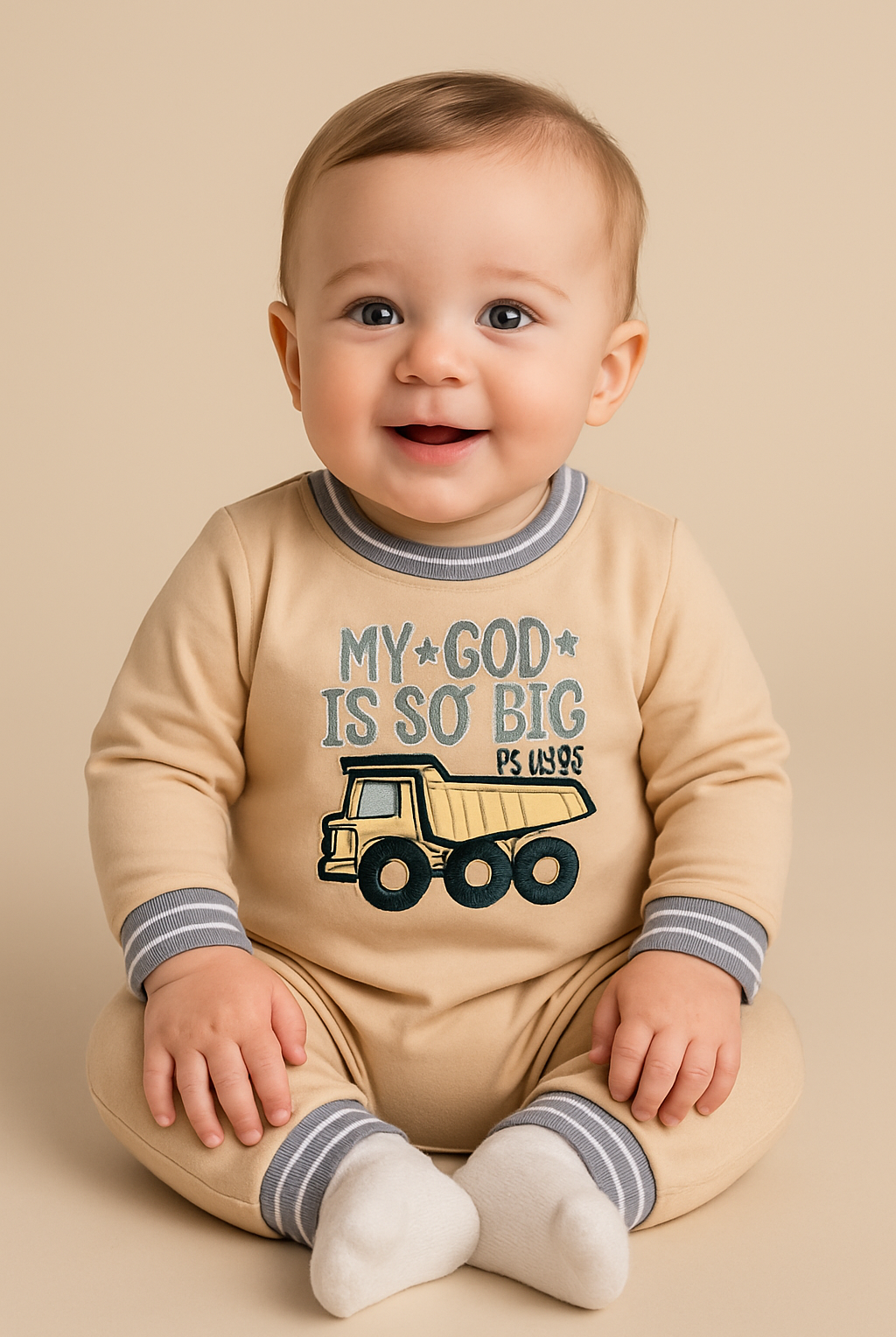 Baby wearing a beige onesie with text and a dump truck graphic on a beige background