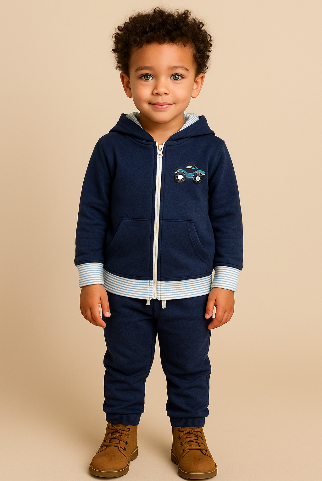 Child wearing a navy blue hoodie with a truck design and matching pants on a beige background