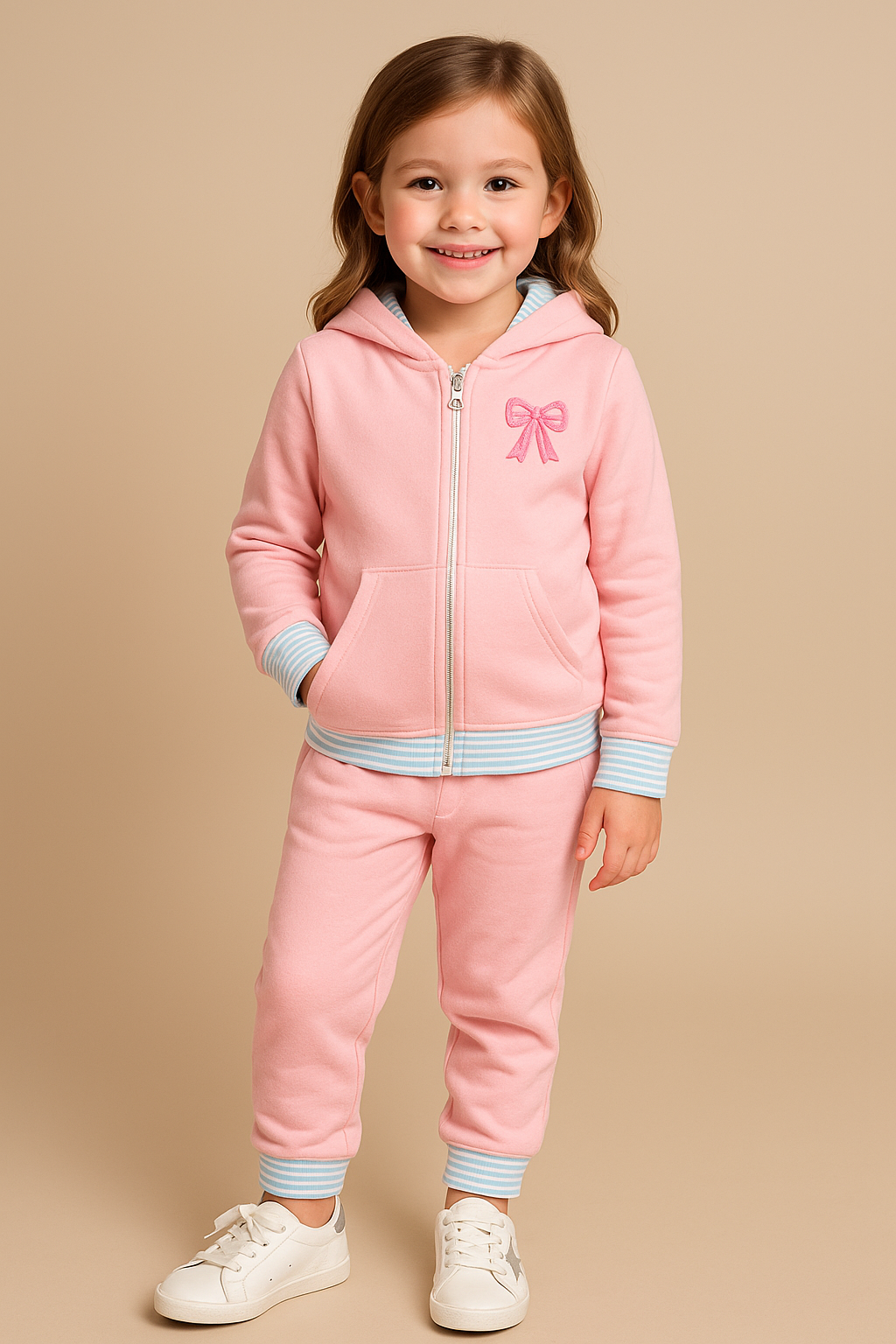 Young girl wearing a pink hooded jogger with a bow detail on a beige background