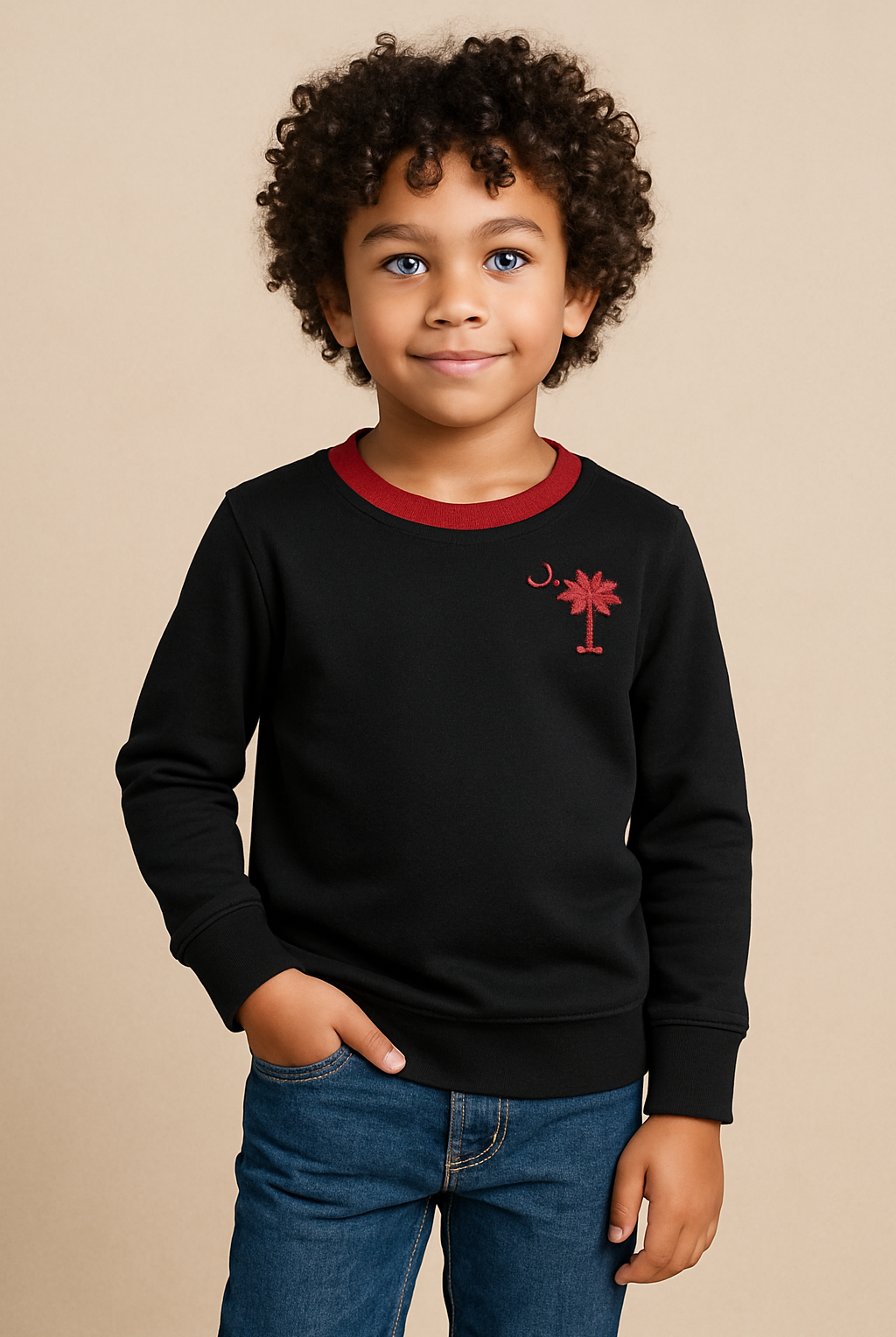 Child wearing a black sweatshirt with a red palm tree design on a beige background