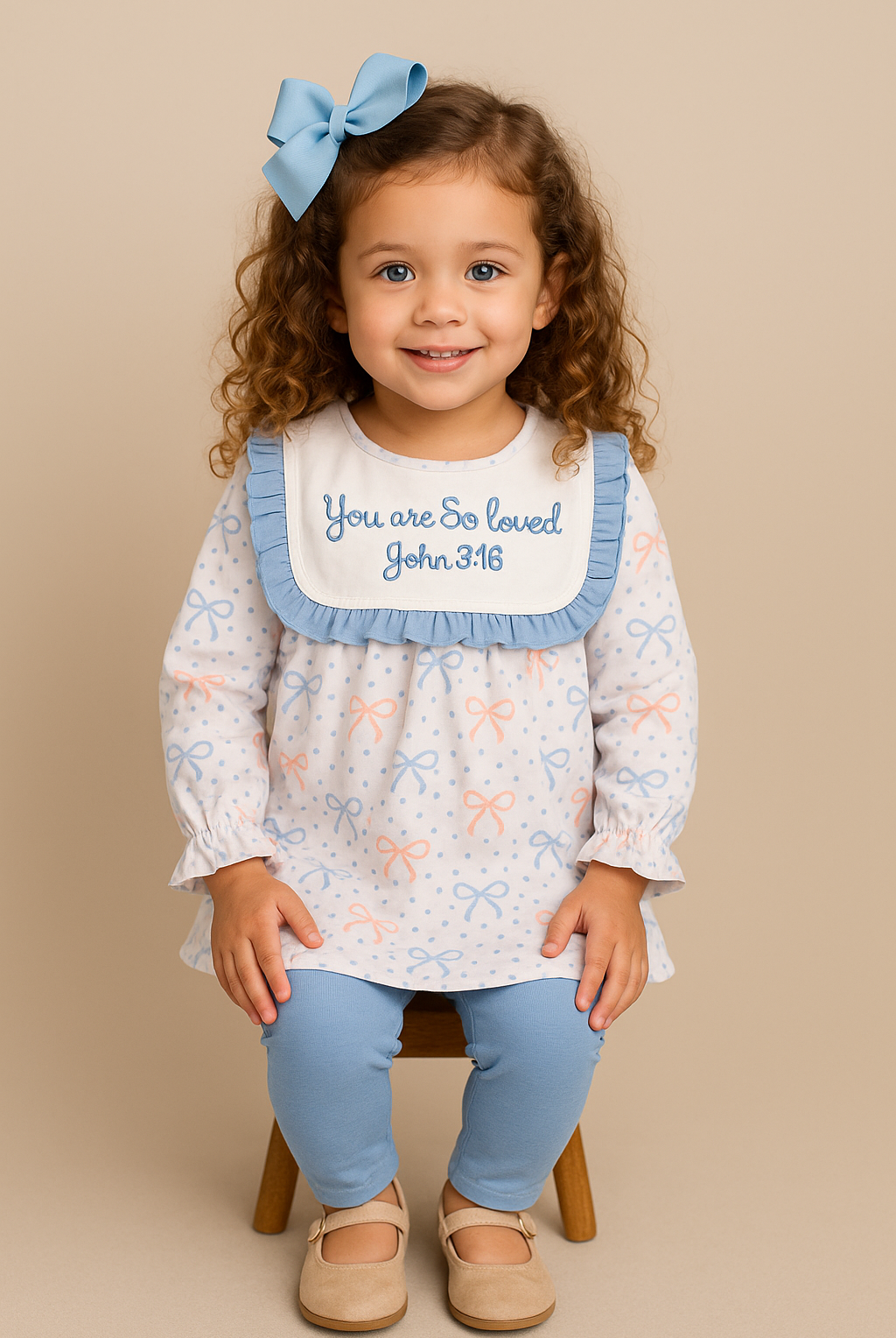 Young girl wearing a dress with butterfly pattern and blue ruffled collar, sitting on a stool against a beige background.