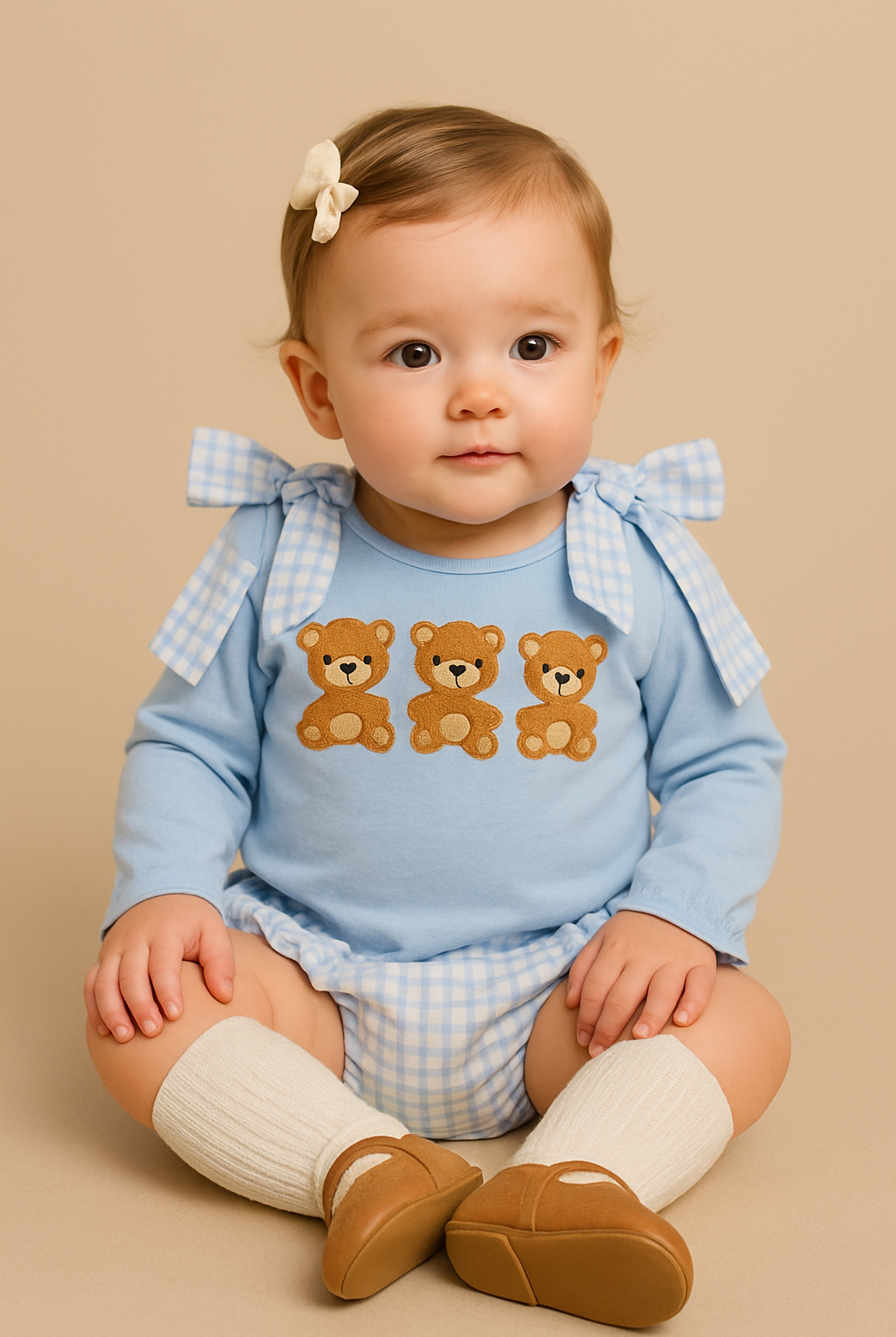 Baby wearing a blue outfit with teddy bear design on a beige background