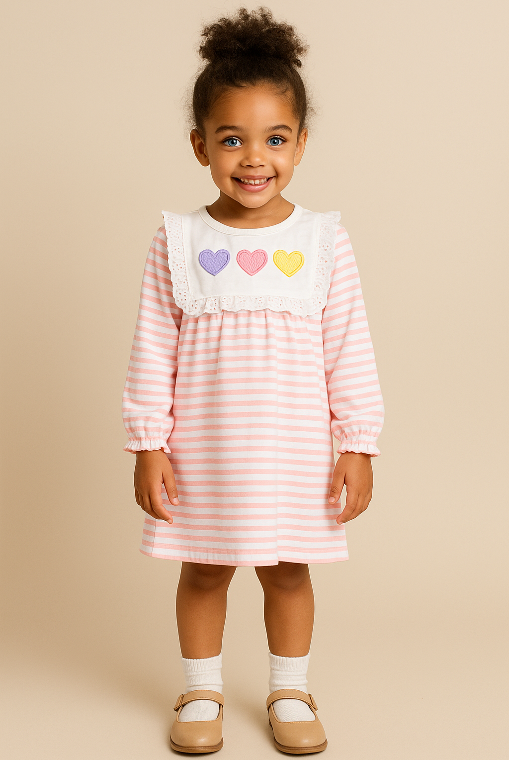 Young girl wearing a pink and white striped dress with heart designs on a beige background