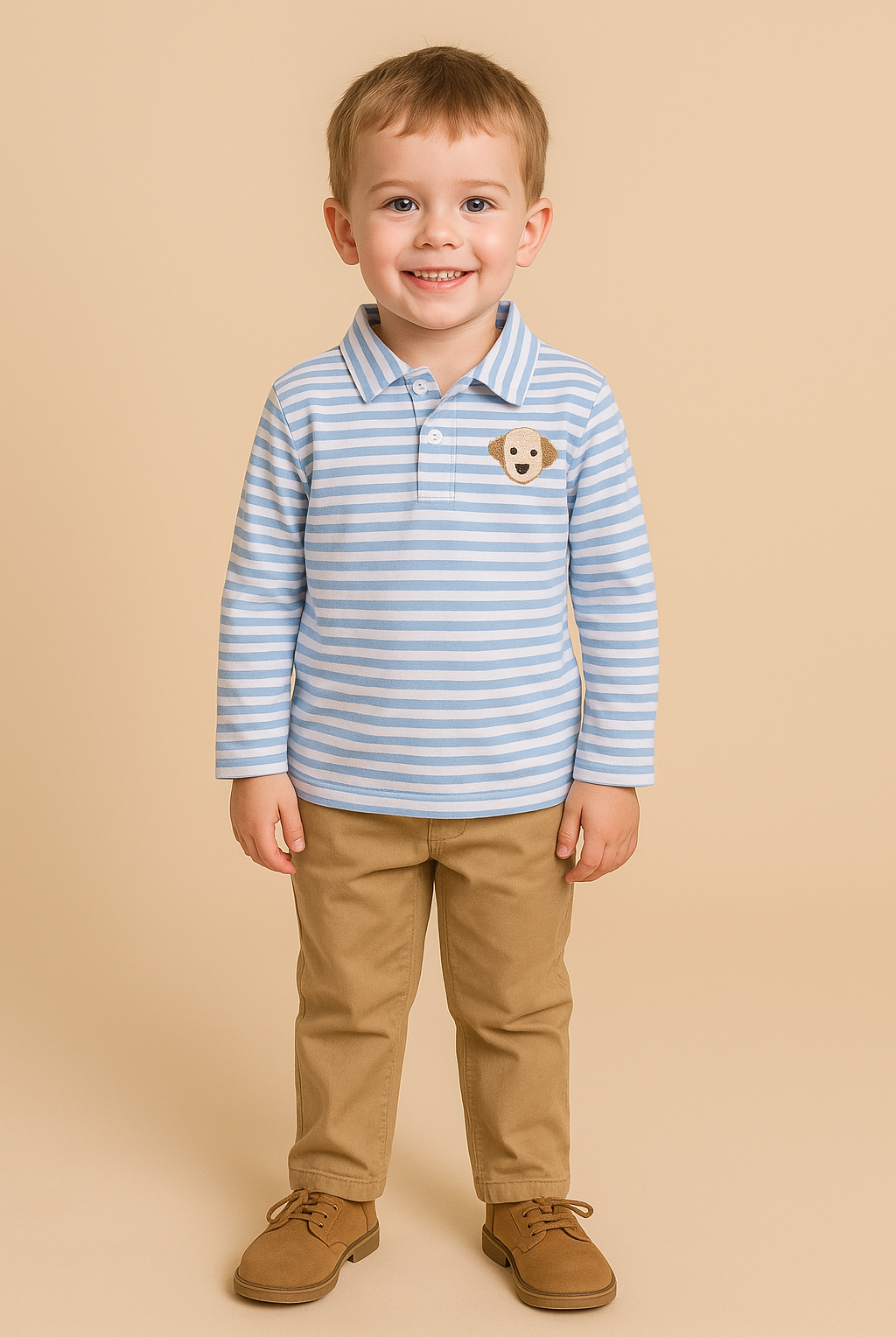 Child wearing a blue striped polo shirt with a bear emblem on a beige background