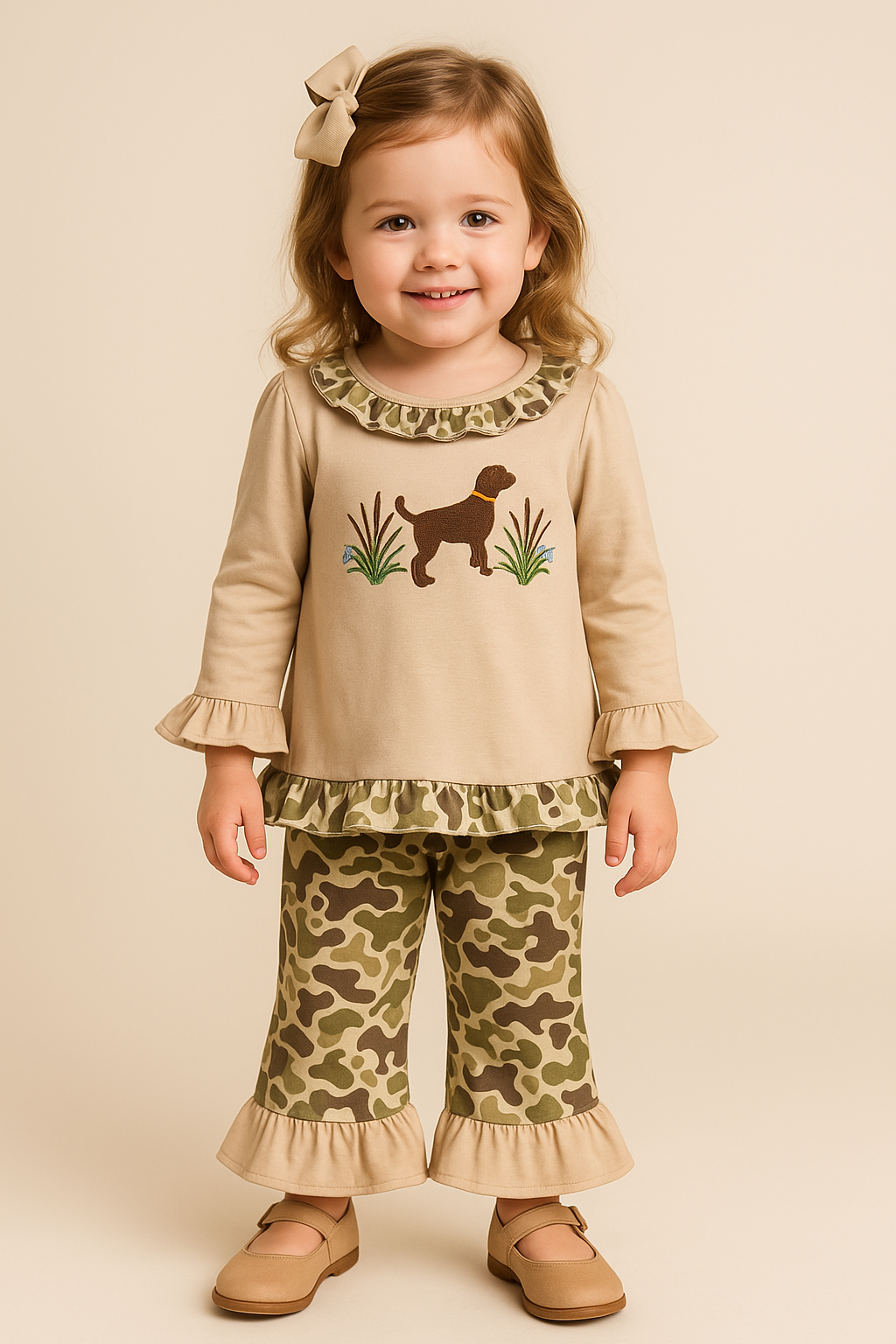 Young girl wearing a beige top with a dog graphic and camouflage pants on a beige background