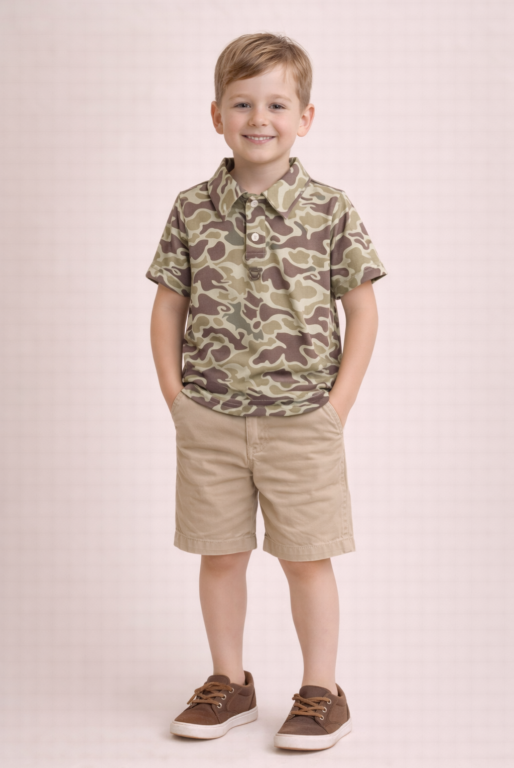 Young boy wearing a camouflage shirt and beige shorts on a light pink background
