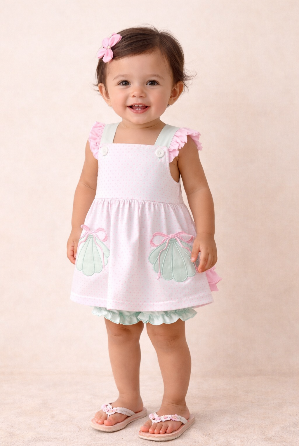 Baby girl wearing pink dotted bloomer set on beige background.