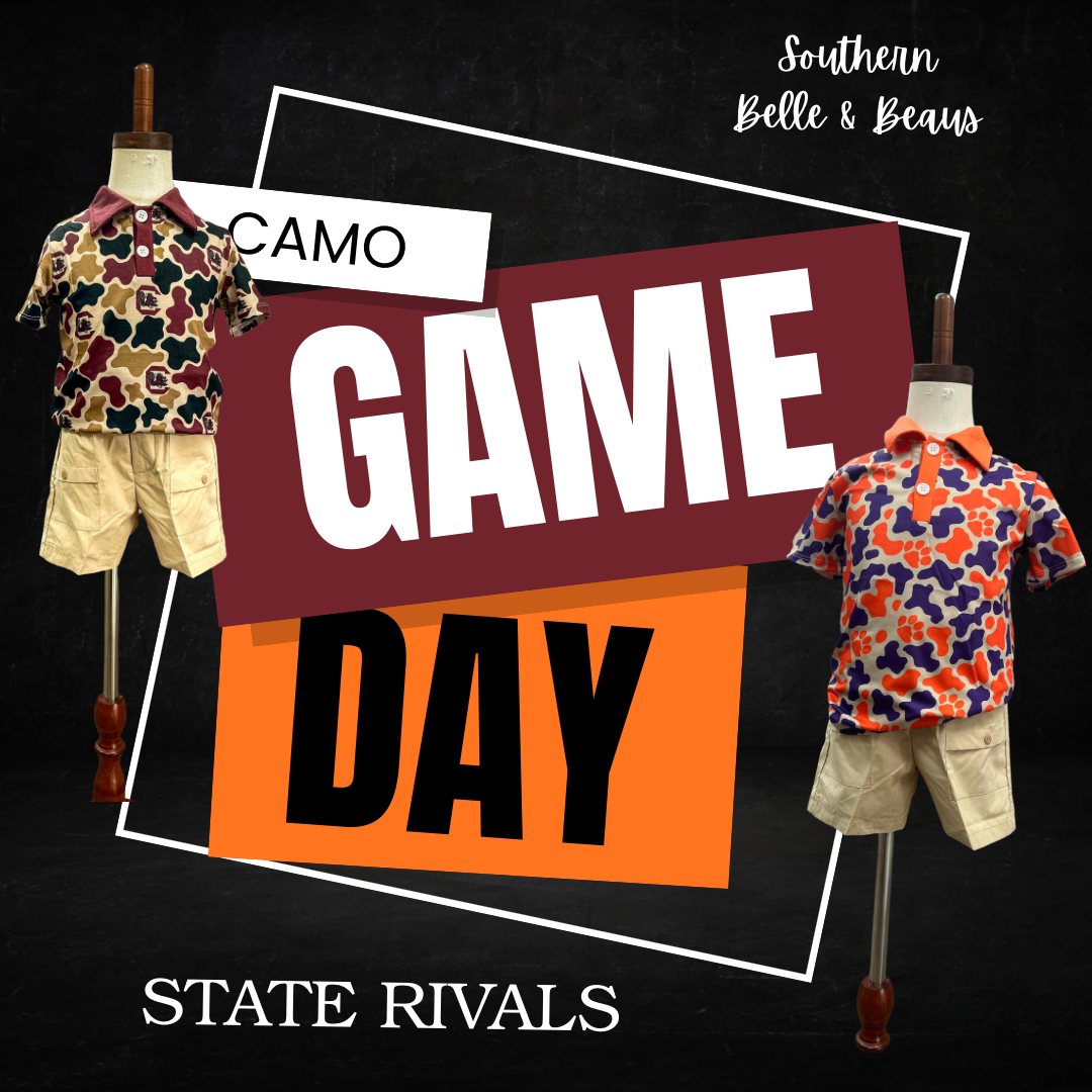 Two mannequins wearing colorful shirts with 'Camo Game Day' text and 'Southern Belle & Beaus' branding.