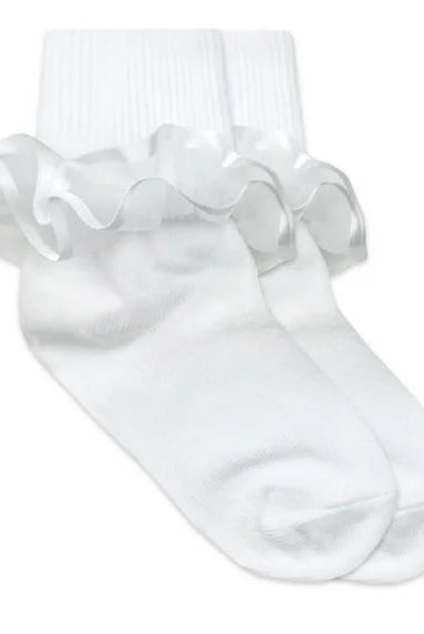 White socks with ruffled top on a white background