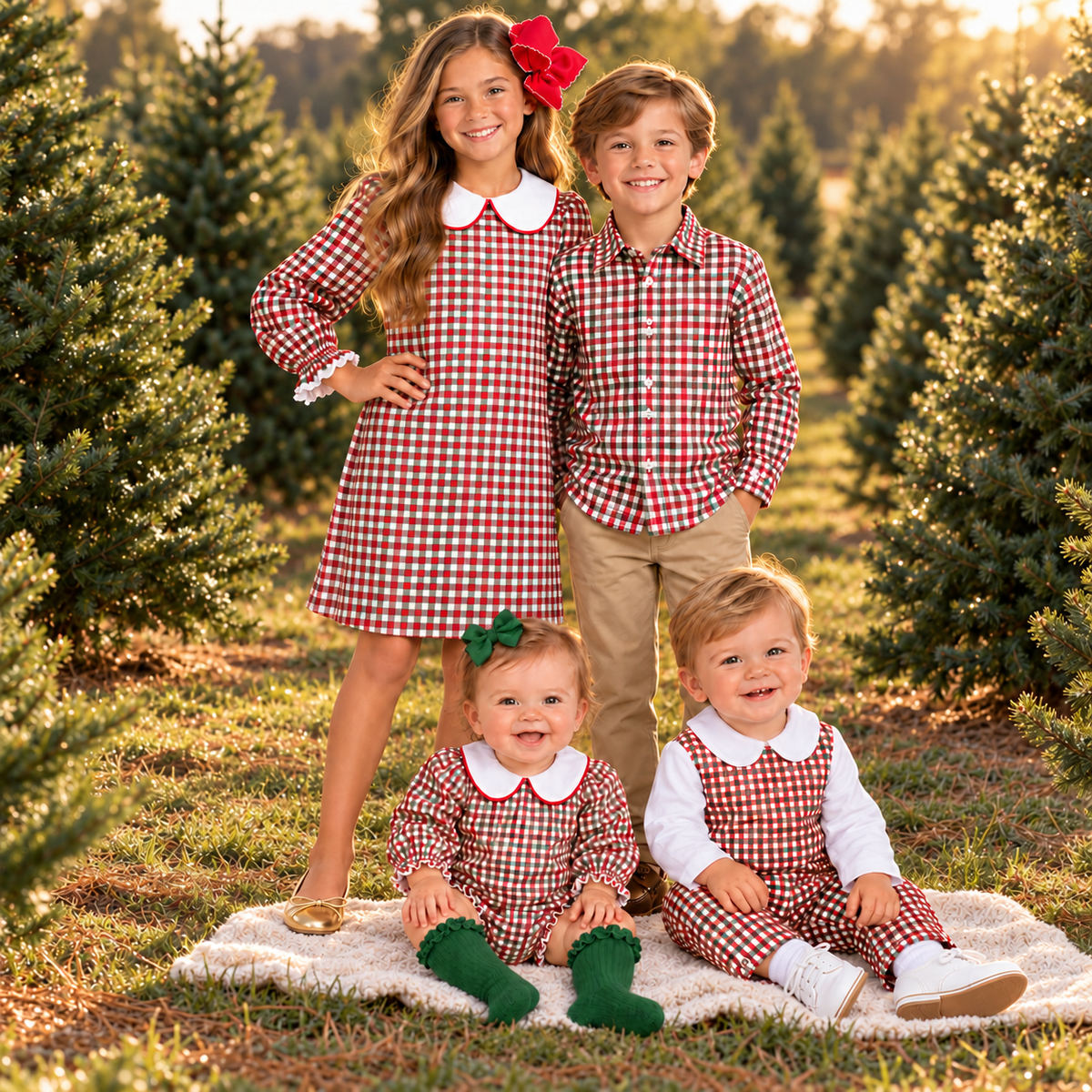 Knee-length plaid dress at Christmas tree farm
