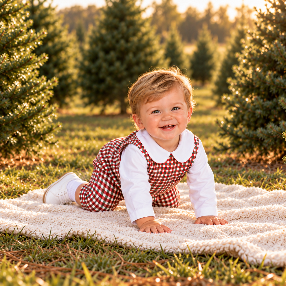 Boys Christmas Plaid Overalls Set – Laughing toddler crawling through Christmas trees