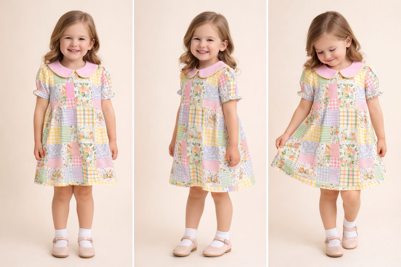 Three images of a young girl wearing a patchwork dress on a beige background