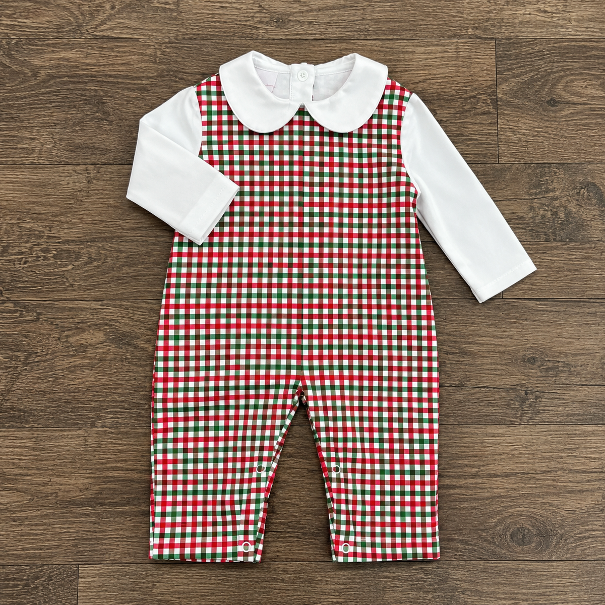 Boys Christmas Plaid Overalls Set – Red and green plaid romper