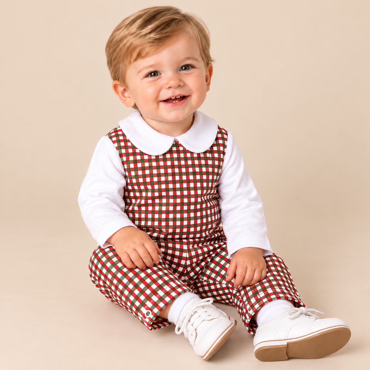 Boys Christmas Plaid Overalls Set – Smiling toddler in plaid romper