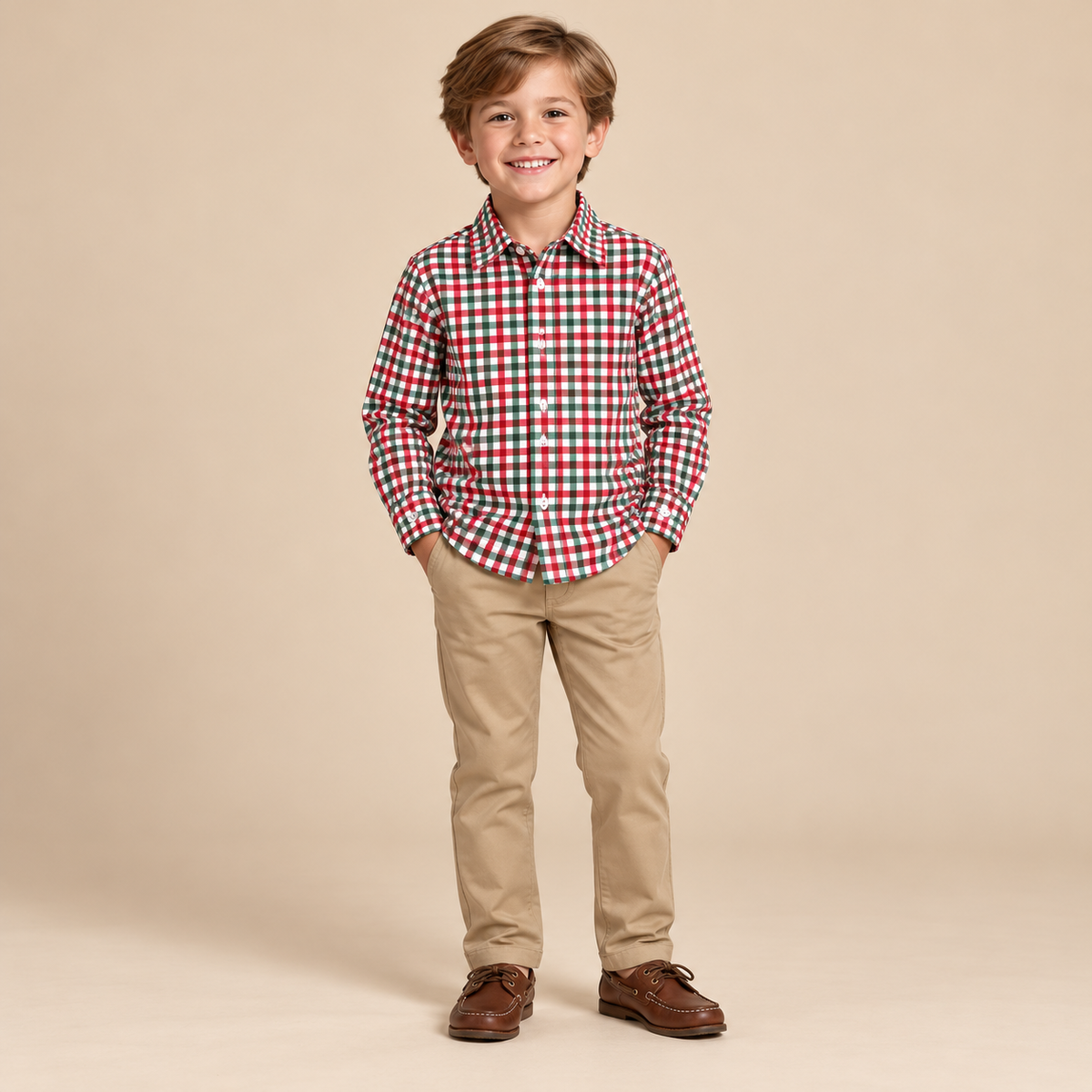 Boys Christmas Plaid Button Up Shirt – Smiling boy in plaid shirt and khakis