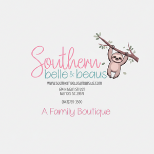 Promotional banner for Southern Belle & Beaus with a sloth illustration and free shipping offer.