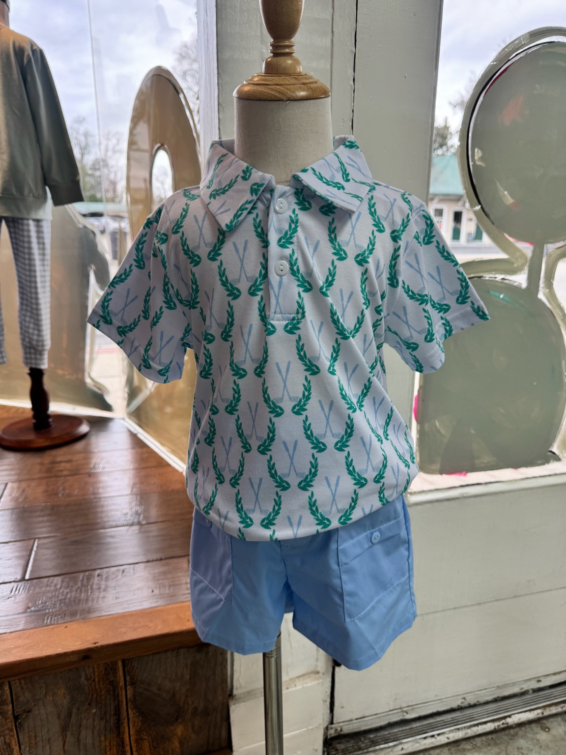 Little boy themed short sleeve polo white light blue cargo shorts.