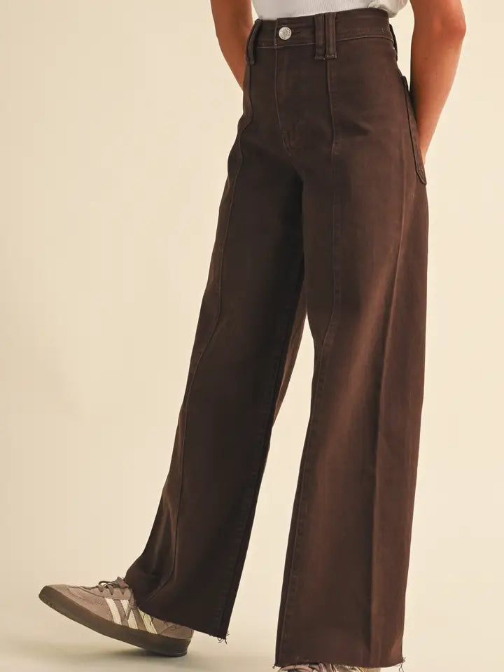Tween girls wide leg brown denim pants.