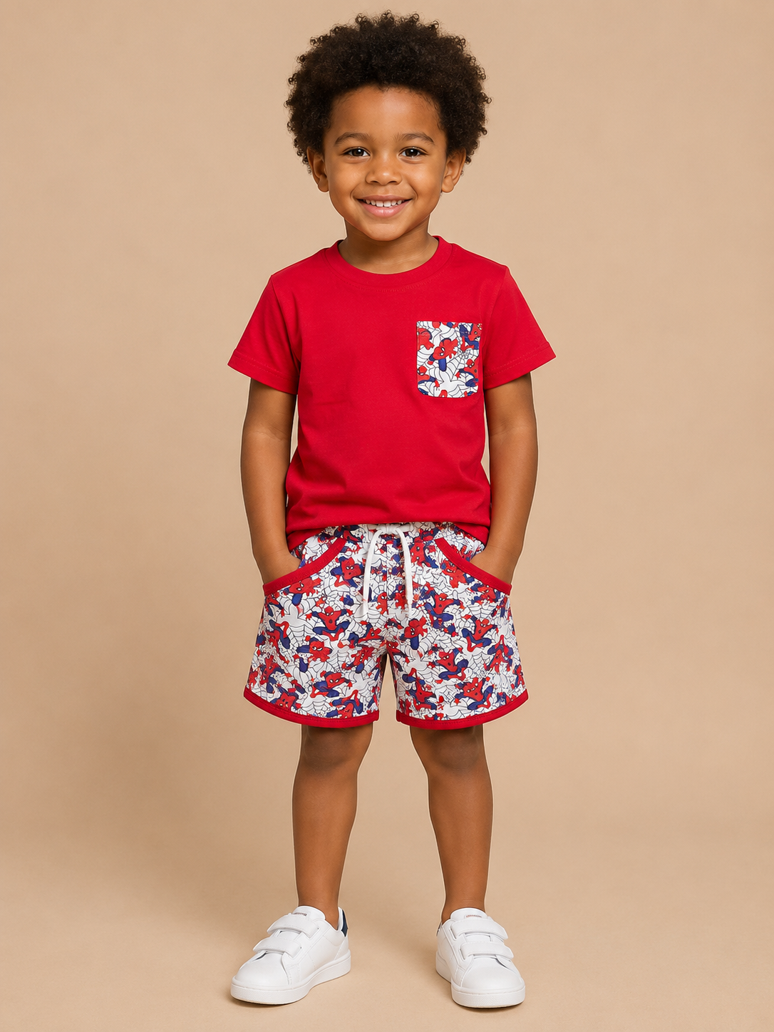 A young child modeling a red short-sleeve t-shirt with a floral chest pocket and matching red, white, and blue floral shorts, paired with white sneakers, against a solid beige background.