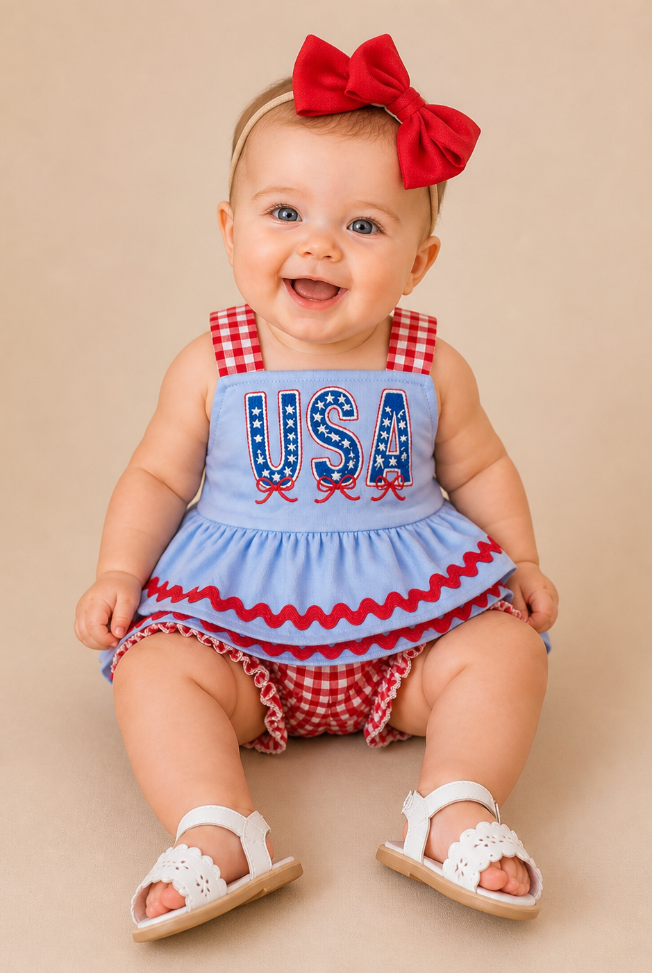 Baby wearing a blue outfit with 'USA' print and red checkered details on a beige background