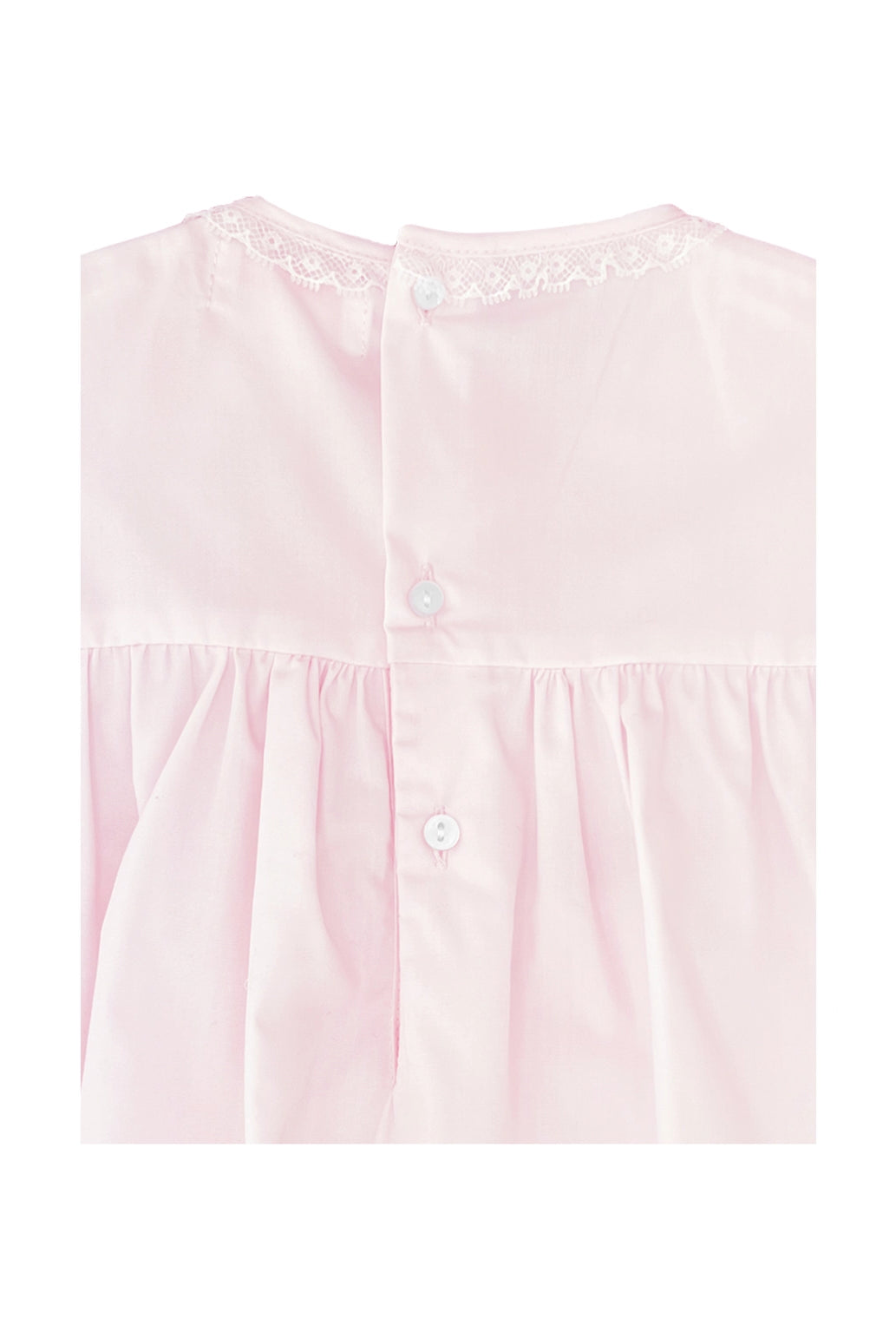 Pink dress with lace details on a white background