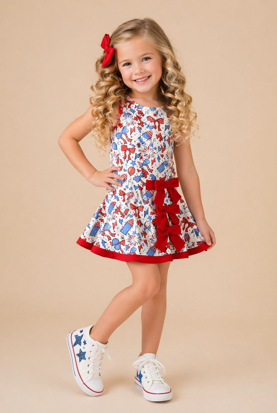 Young girl wearing a patriotic dress with red trim and white sneakers on a beige background