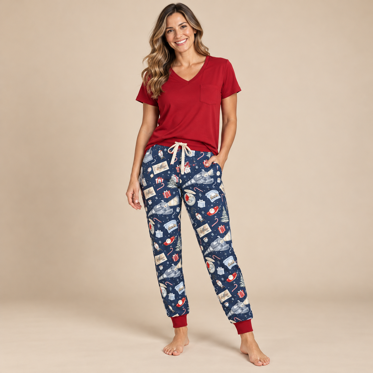 Lady wearing a red lounge shirt and bamboo lounge pants.