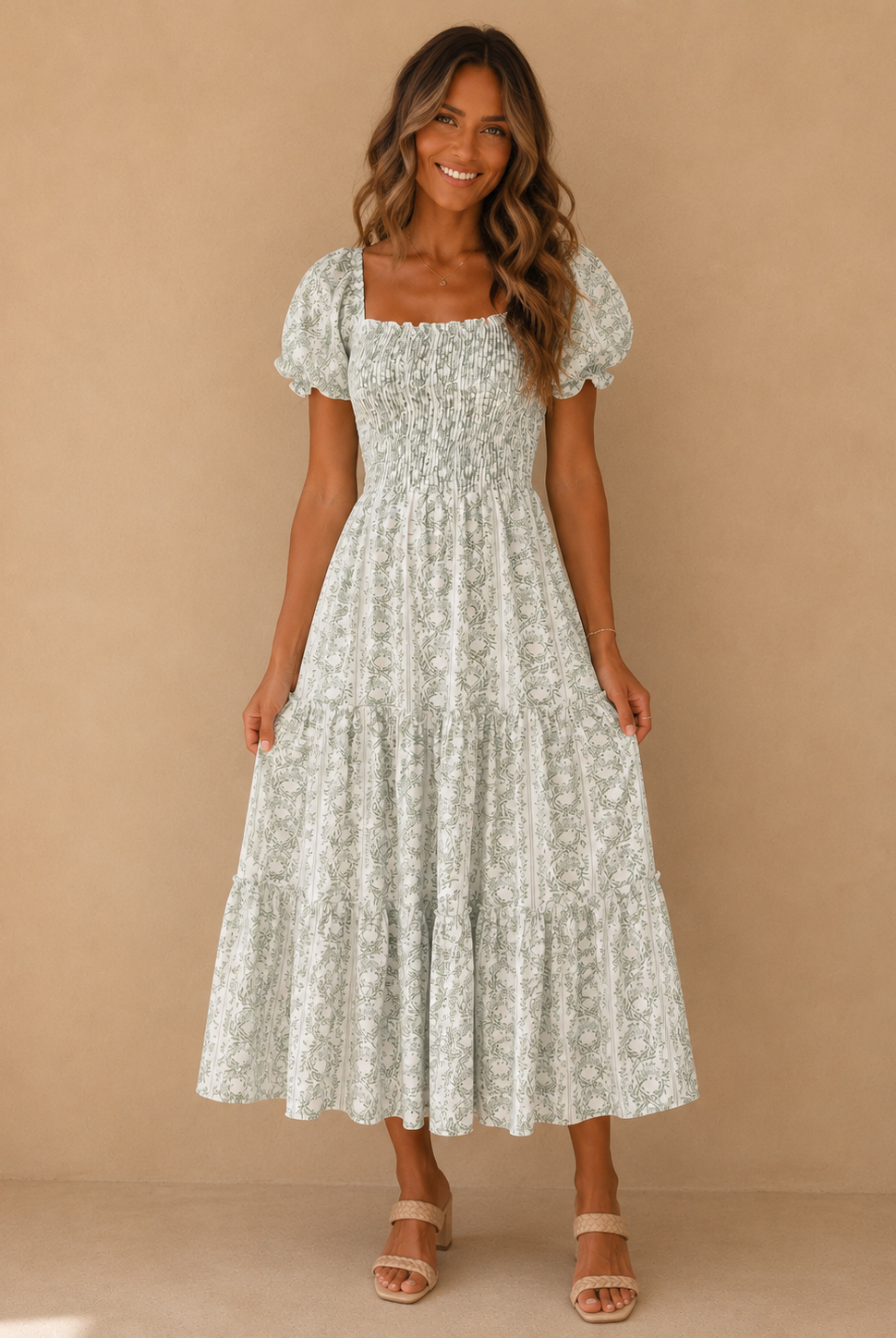 Woman wearing a floral dress against a beige background