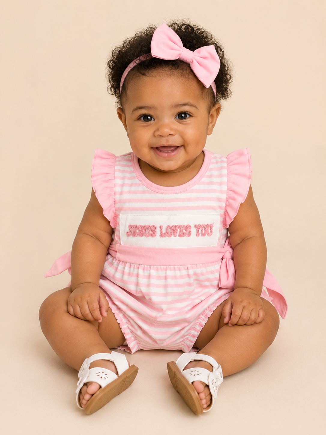 A baby girl sitting on a beige studio background wearing a pink and white striped romper with 'JESUS LOVES YOU' text, a matching pink bow headband, and white sandals.
