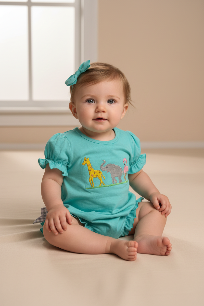 Baby girl wearing a teal bubble with zoo animals.