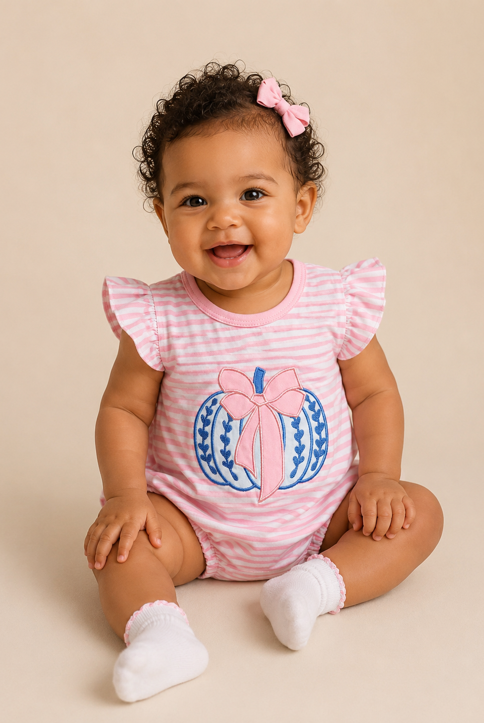 A smiling baby girl with curly hair and a pink bow sits on a beige studio background, wearing a pink and white striped short-sleeve romper with a blue and pink pumpkin graphic on the front, along with white socks.